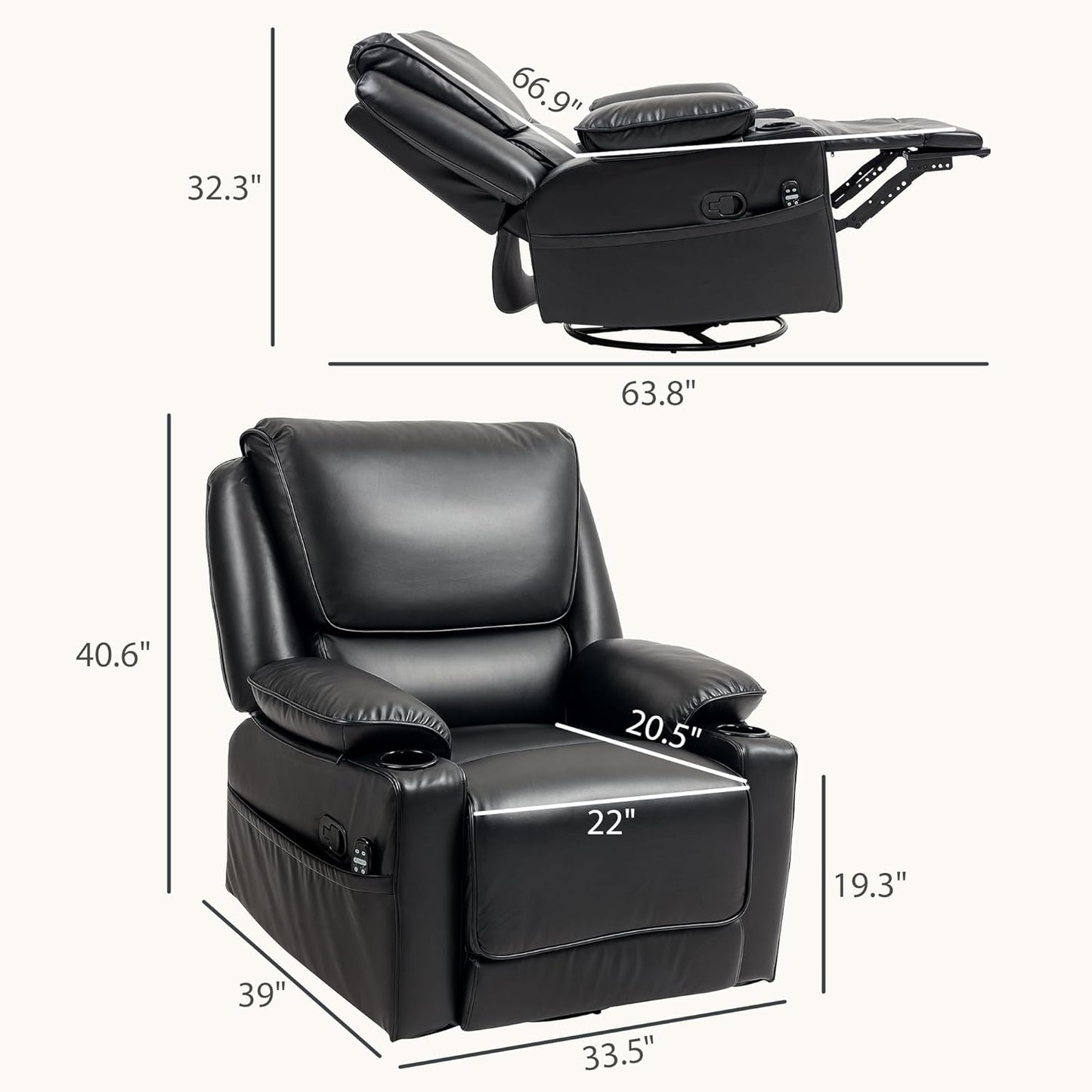 Swivel Rocker Recliner Chair with Vibration Massage and Heat Remote Footrest Cup Holders and Side Pockets Oversized Ergonomic Lounge Chairs for Living Room