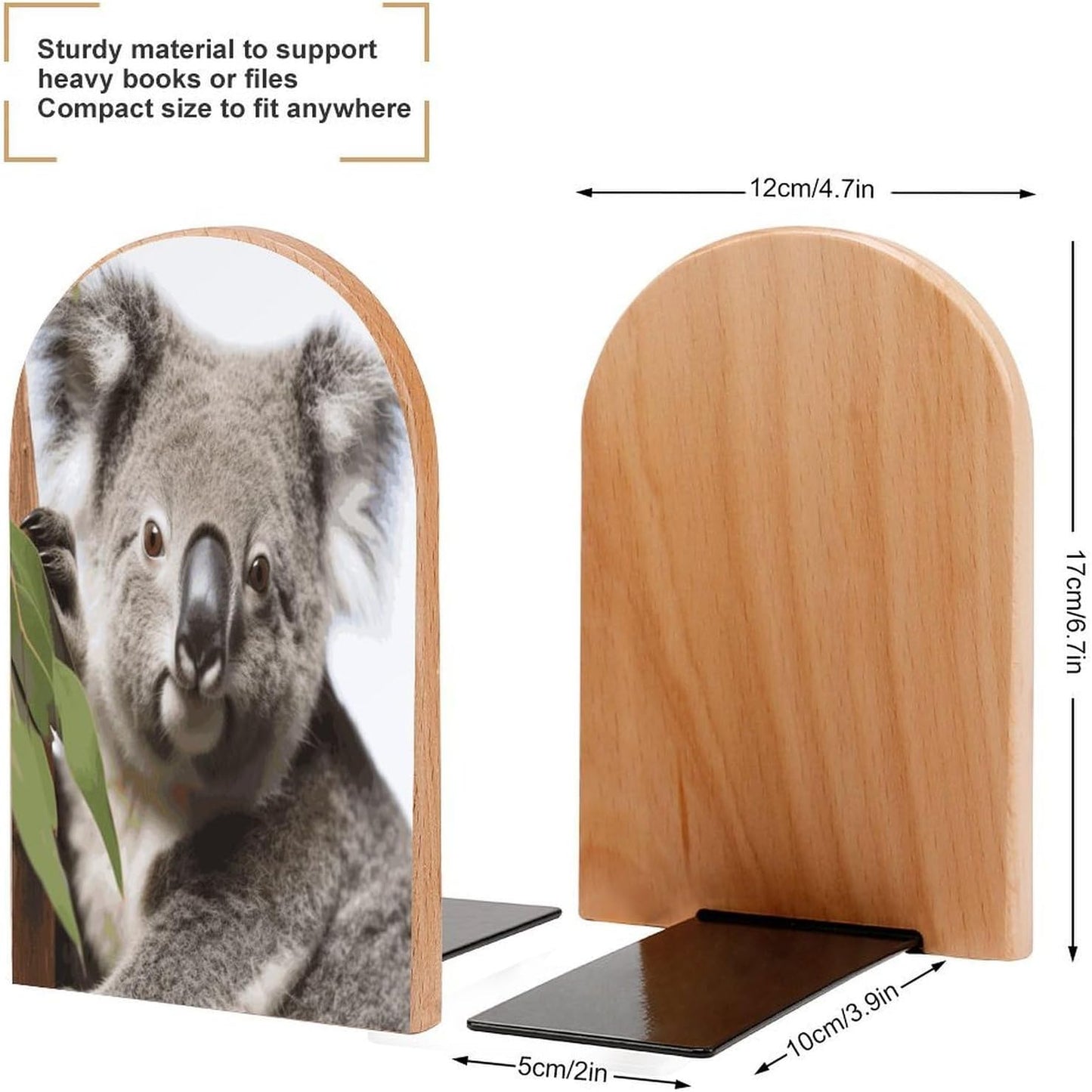 Koala Bear Bookend for Shelves Wooden Book End Large Size Sturdy Book Holders Stoppers with Metal Base for Bookshelves Slick Decorative Bookends Stands