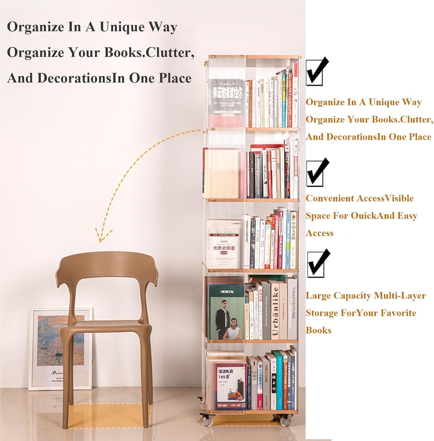 3/4/5/6 Tier Rolling Bookcase Rotating Bookshelf Tower 360 Degree Revolving Bookcase Transparent Acrylic Freestanding Spinning Bookshelf With Wheels 360° Spinning Bookshelf Tower For Bedroom,Living Ro