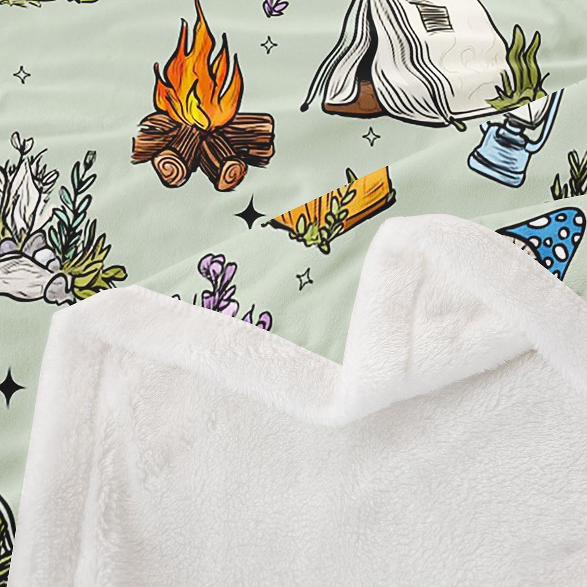 Feelyou Green Camping Camper Sherpa Throw Blanket for Couch Campfire Music Guitar Super Soft Cozy Fleece Happy Camping Blanket for Winter, Plush Throw Throw 50"x60" All Season