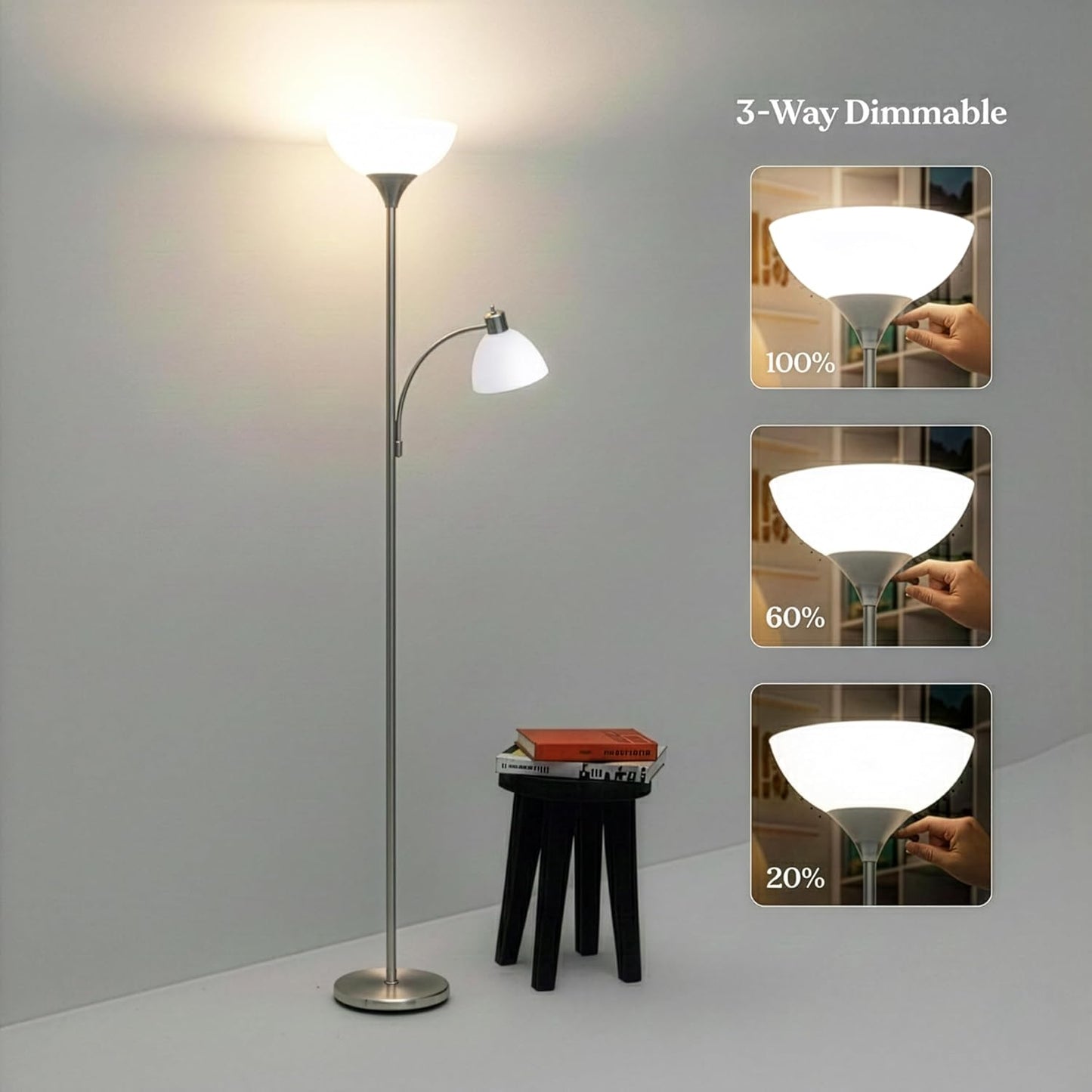 Brightech Sky Dome Plus LED Floor lamp, Torchiere Super Bright Floor Lamp with Reading Lamp for Living Rooms & Offices - Dimmable Tall Standing Lamp for Bedroom Reading - Silver