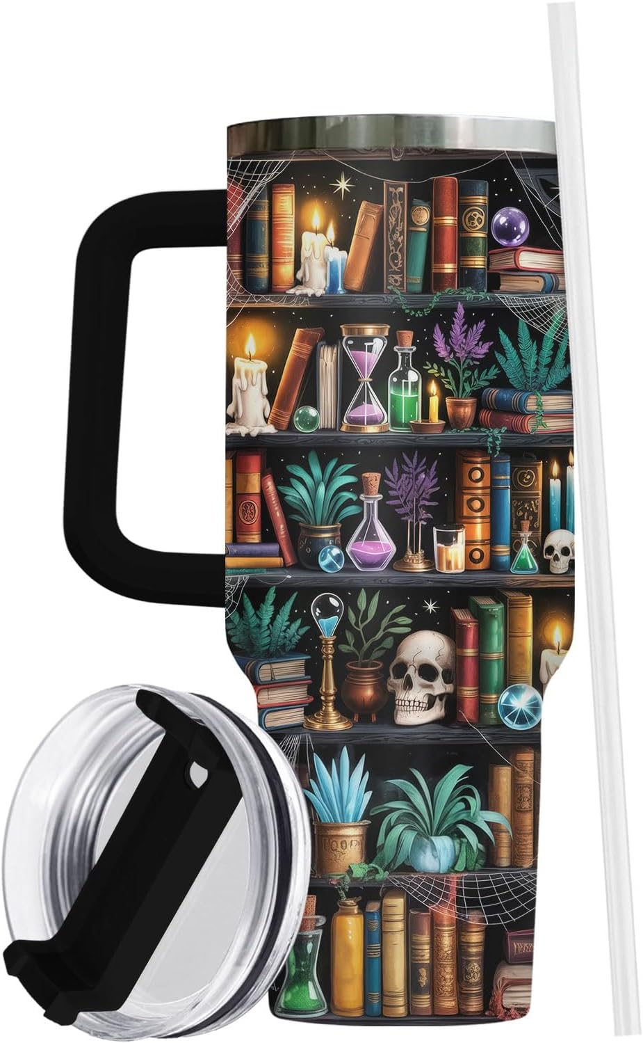 Reading Bookshelf Tumbler 40oz With Handle And Straw, Insulated Stainless Steel Travel Cup, Bookish Water Bottle For Daily Use, Birthday Gift For Book Lovers