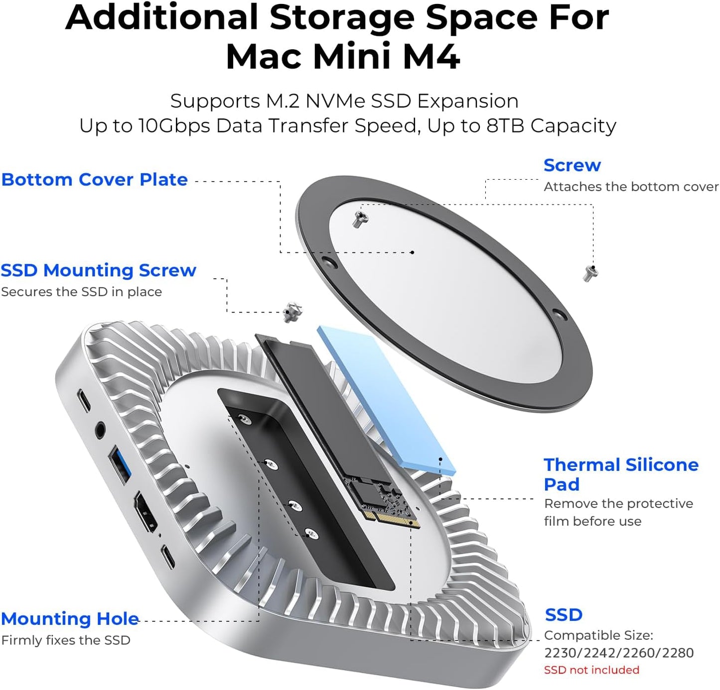 Mac mini M4 Dock, Aluminum Stand and HDMI Hub for Mac mini M4 and M4 Pro 2024 with M.2 NVMe/SATA SSD Enclosure, 4K60Hz HDMI,10G USB A/C, 5G USB A*2, USB-C Charge, SD/TF, Audio