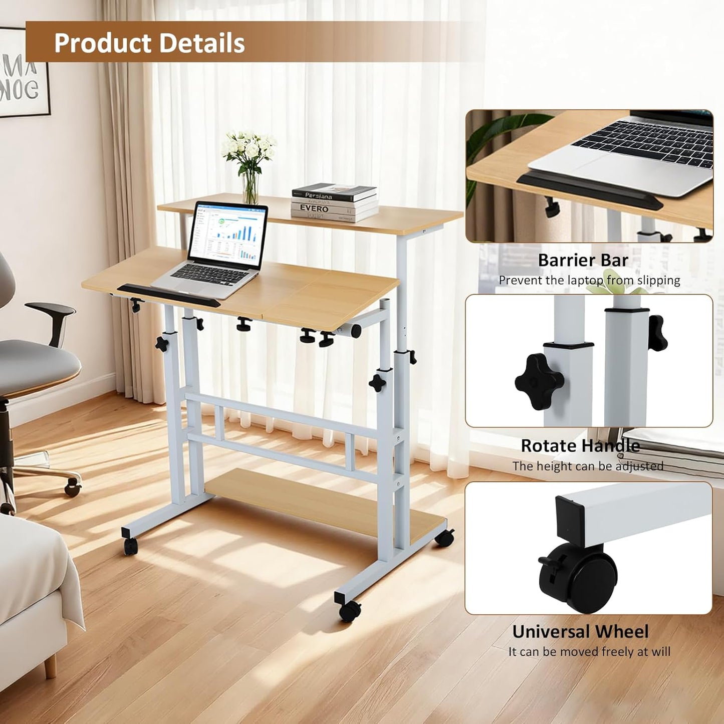 FAHKNS Small Standing Desk, Adjustable Height Portable Standing Desk with Wheels, Mobile Stand Up Desk for Home Reading Desk and Office Work