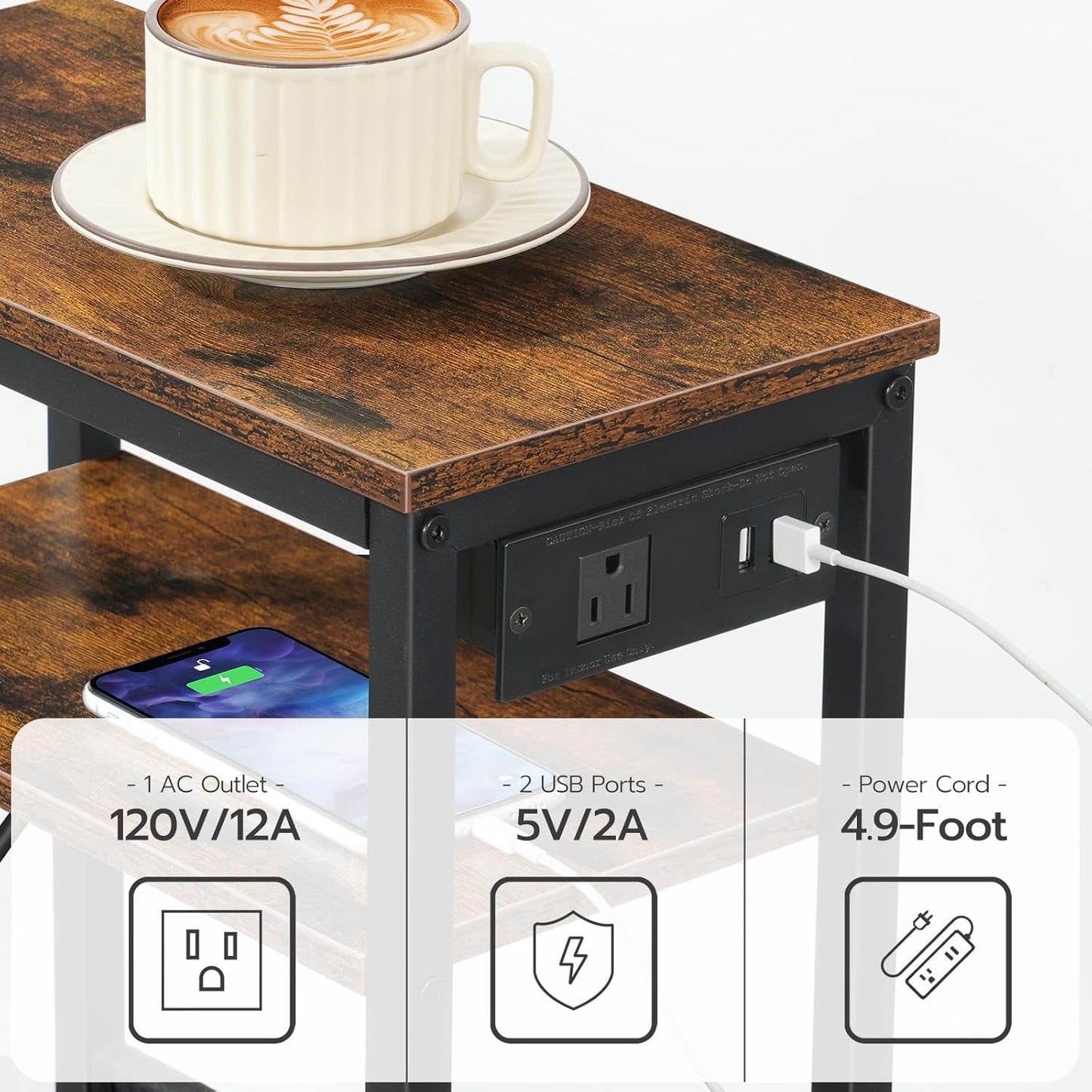 HOOBRO Small Narrow Side Table, Skinny End Table with Charging Station, Extra Slim Nightstand with Storage for Small Spaces, Thin End Table for Living Room, Rustic Brown and Black BF125UBZ01