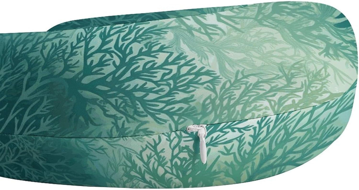 Green Sea Blue Seaweed Neck Pillow Memory Foam U Shaped Pillows Portable Pillows for Shoulder Travel Head Support Pillow with Concealed Zipper for Airplane Car Home Office