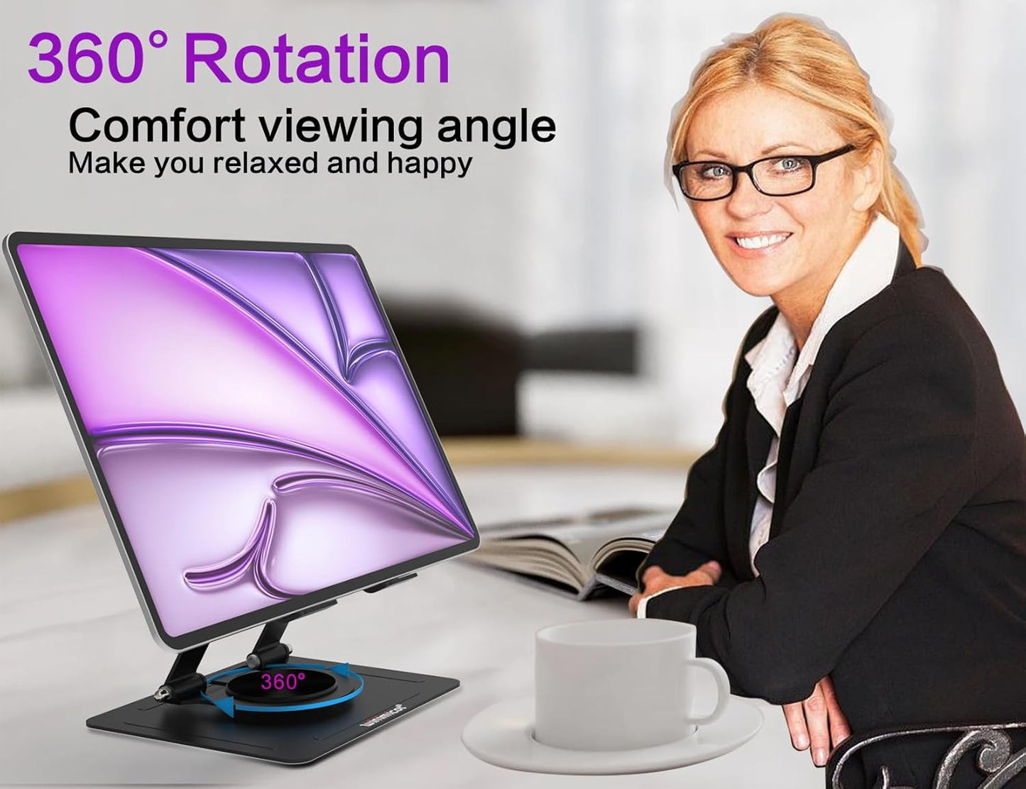 Tablet Stand Holder for Desk, with 360 Rotating Metal Base, Dual Rod Support Adjustable Multi-Angle Home Office Accessories Compatible with iPad Samsung Galaxy Tabs and More, Black