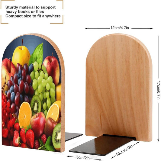 Fruits Bookend for Shelves Wooden Book End Large Size Sturdy Book Holders Stoppers with Metal Base for Bookshelves Slick Decorative Bookends Stands