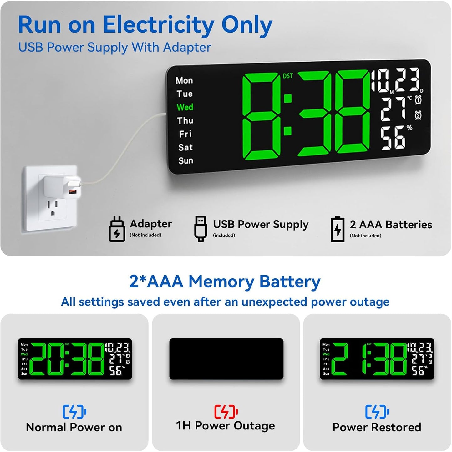 Digital Wall Clock Large Display, 17.3" Digital Clock with RGB Color Remote Control, Auto-Dimming Big Wall Clock with Night Light,Auto DST,Date Week,Temp for Home Decoration, for Elderly (Blue)