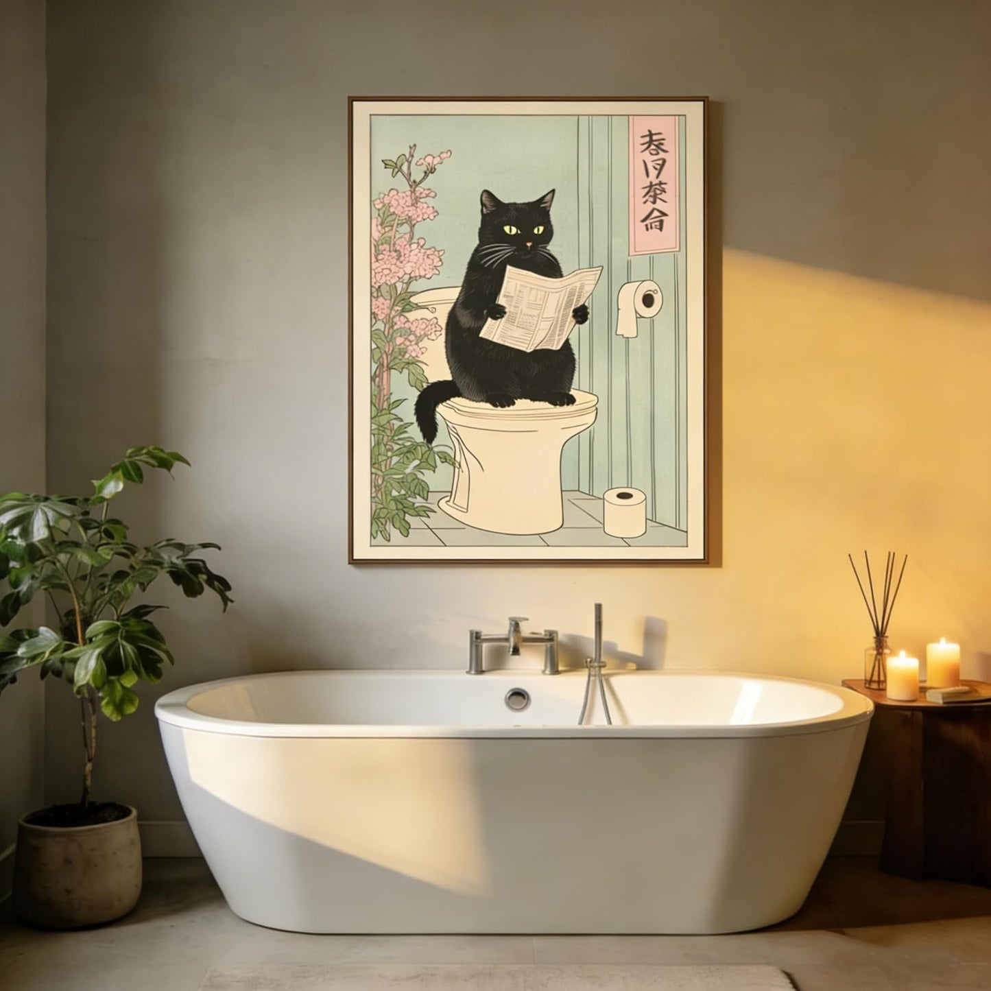 Paivovi Framed Japanese black cat on toilet Canvas Wall Art Funny bathroom print Toilet poster Japanese Cat Wall Decor Pictures Aesthetic Minimalism Artwork Neutral Painting Home Decoration,12x16in
