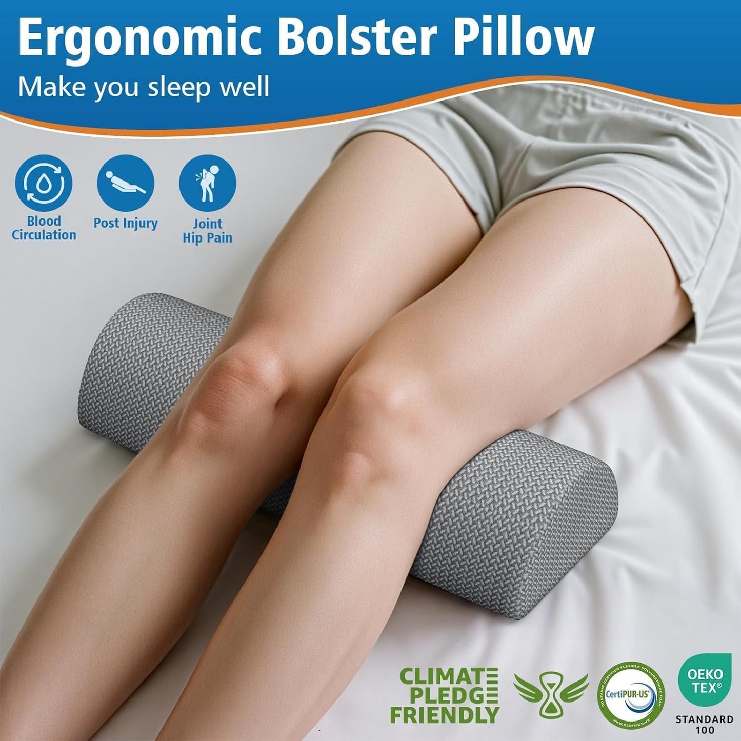 Knee Pillow for Side Sleepers, Half Moon Memory Foam Bolster Pillow for Legs, Ergonomic Design Wedge Elevation Pillow for Side & Back Sleeping, Under Knee Support, Foot, Ankle, Lumbar,Gray