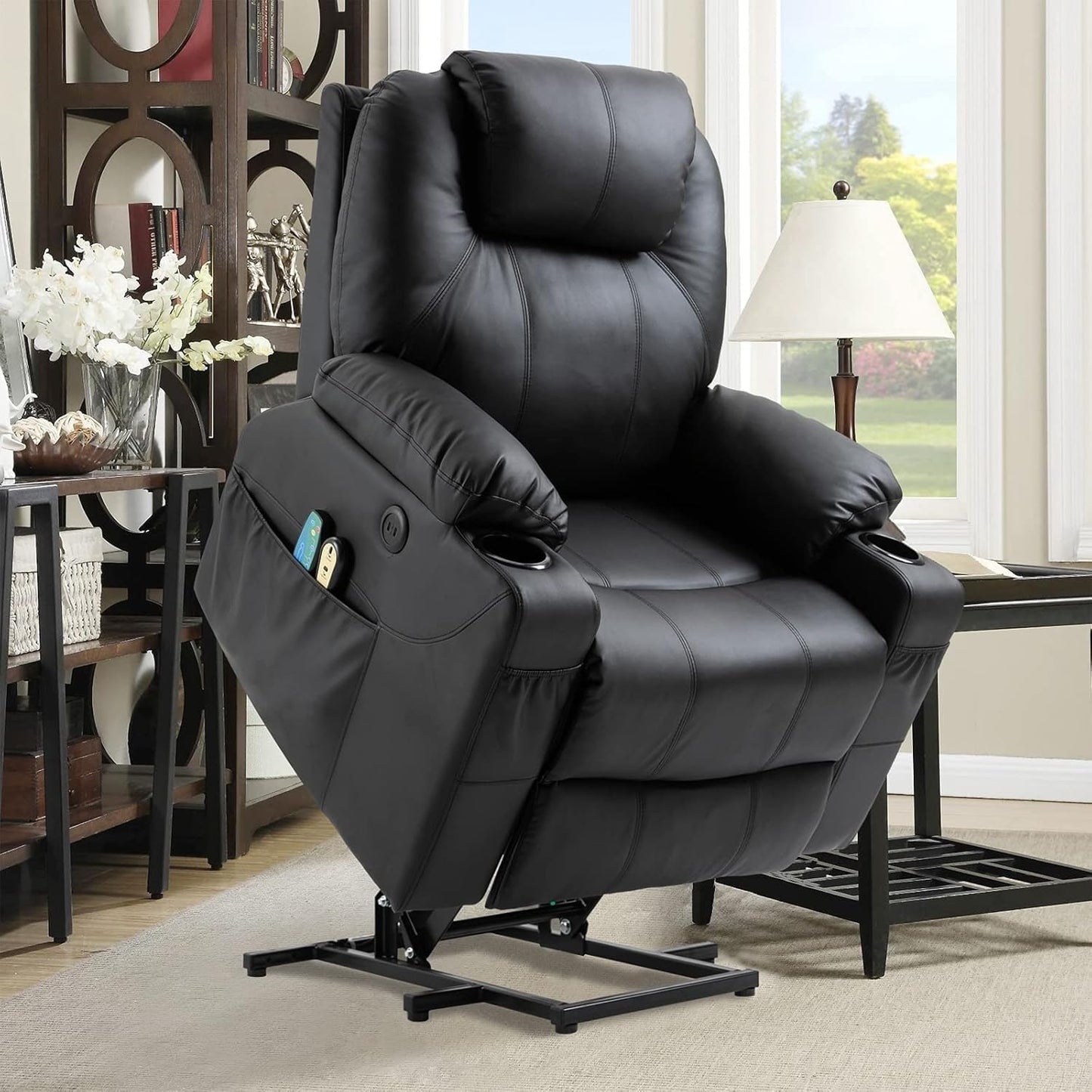 Black Leather Electric Power Lift Recliner Chair with Massage & Heat, Remote Control, USB Ports, Cup Holders & Side Pockets, Adjustable Electric Recliner for Living Room