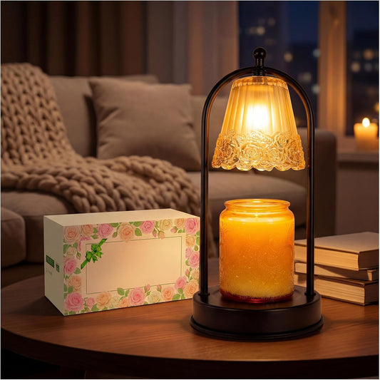Vintage Rose Candle Warmer Lamp with Timer & Dimmer - Portable Iron Base, Amber Glass Shade, 2 Bulbs Included - Electric Wax Melter for Home Decor