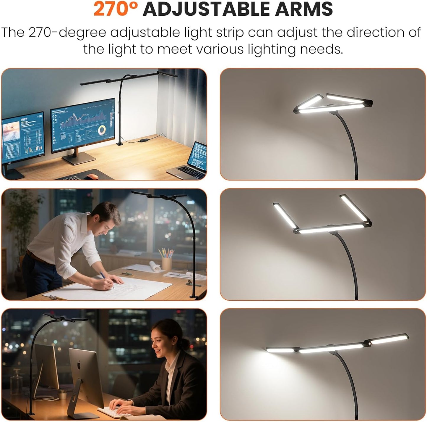 LED Desk Lamp for Office Home, 3 Light Bar Adjustable Desk Light with Clamp, Architect Table Lamp Computer Monitor Lighting, Stepless Dimming Eye-Caring Clip on Light for Workbench Reading Study Black