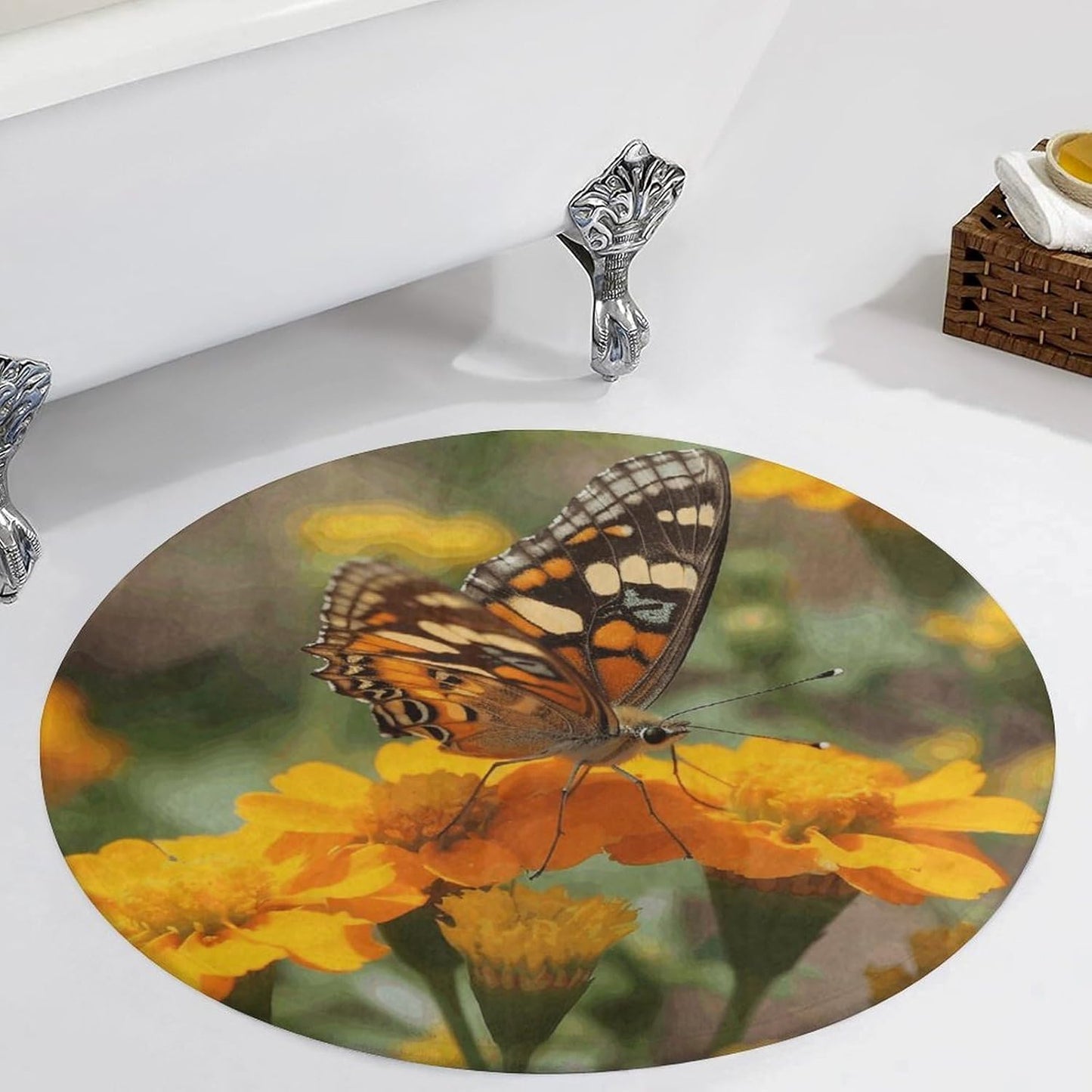Wildflower Butterfly Circle Rug Retro Luxury Coral Velvet Floor Mat Non Slip Soft Indoor Floor Carpet Comfy Thickened Area Rugs Modern Aesthetic Minimalist Carpets for Home Decor