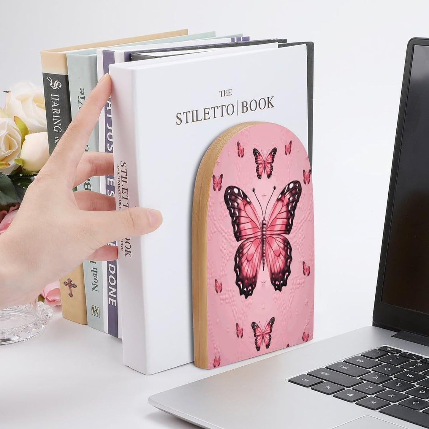 Butterfly Pink Bookend for Shelves Wooden Book End Large Size Sturdy Book Holders Stoppers with Metal Base for Bookshelves Slick Decorative Bookends Stands