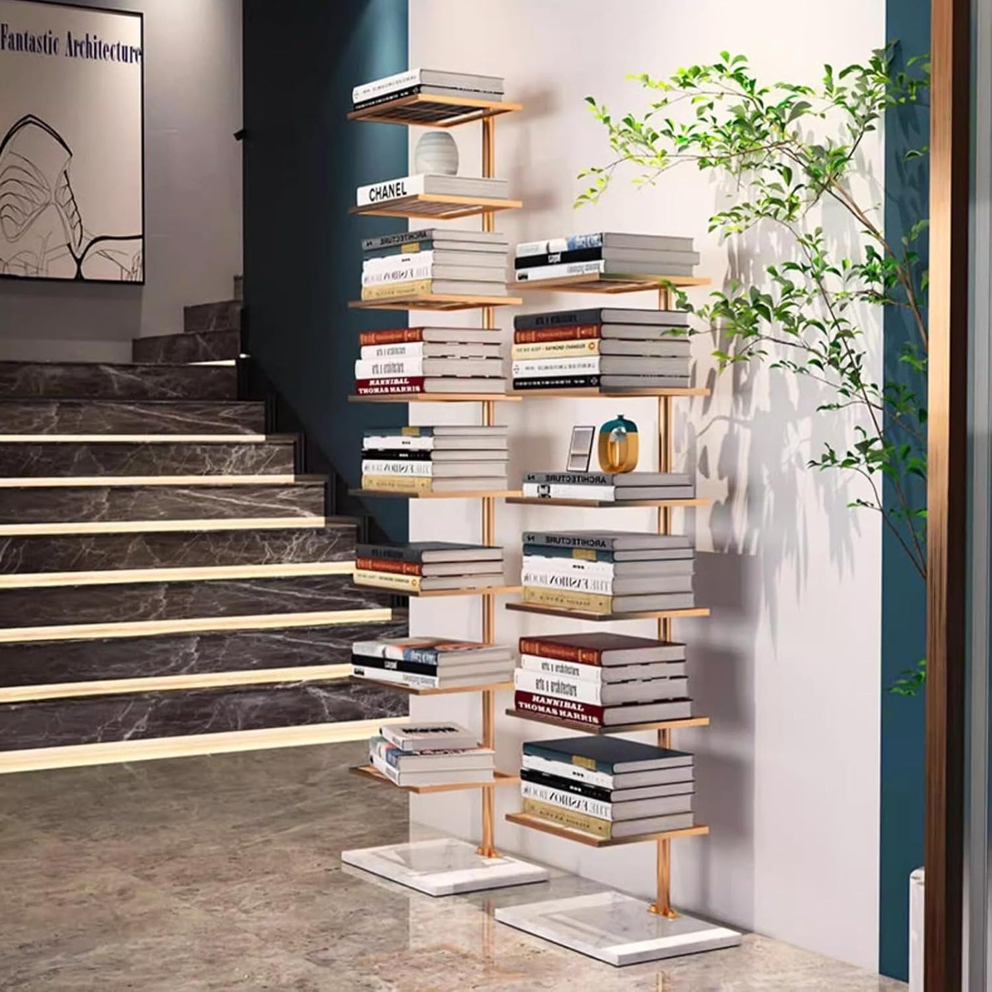 Modern 6-Tier Vertical Bookshelf Tower, Free Standing Narrow Bookcase with Open Shelves, Space-Saving Floor-to-Wall Storage for Living Room, Bedroom, Office (Black)