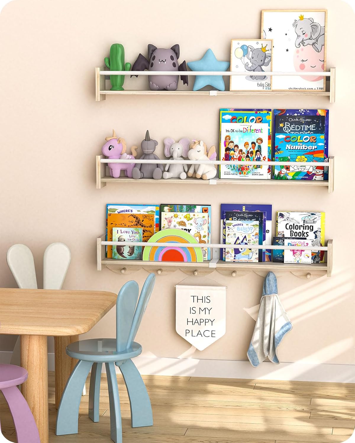 Nursery Book Shelves 34 inchs, Floating Book Shelves for Wall Nursery, Wall Mount Nursery Shelves Set of 3, Perfect for Living Room, Kids Room, Playroom & Bedroom.