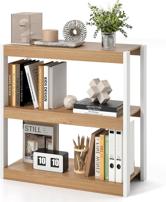 LOKO 3-Tier Open Bookshelf, Freestanding Wooden Bookcase with Storage Shelves, 2 Anti-toppling Devices, Modern Display Book Shelf Storage Rack for Living Room Bedroom Study (1,Natural & White)