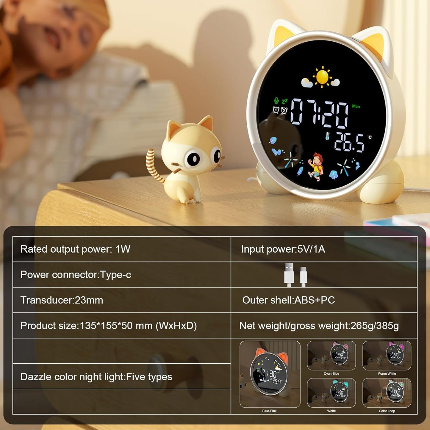 Kids Alarm Clock with Night Light,OK to Wake Clock for Kids,Stay in Bed Clock and Sleep Training,Nap Timer Temperature Detect Cute Kids Room Decor,Gift Ideas for Kids Toddler Boy Girl(Cat)
