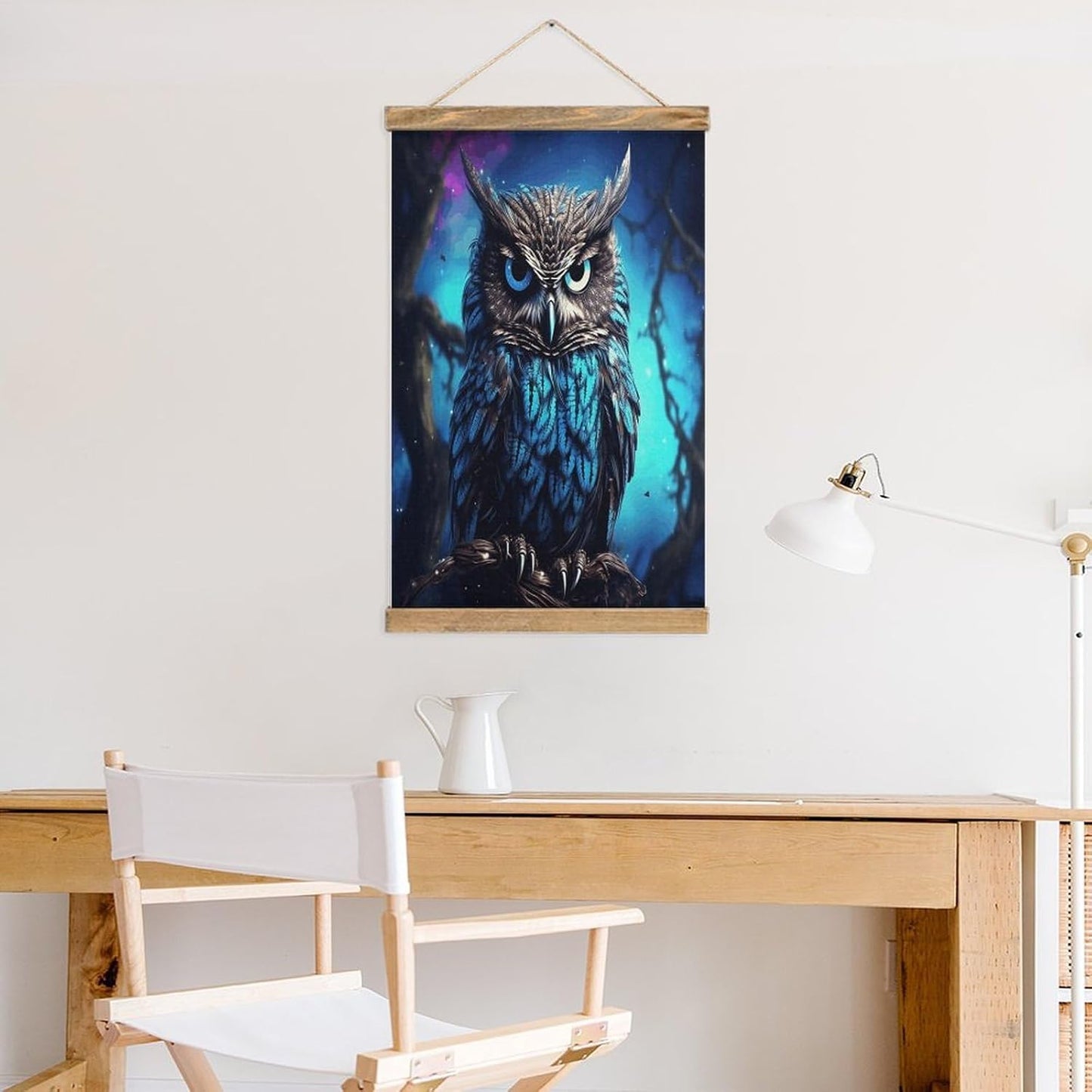 Vintage Blue Owl Poster with Wooden Frame Personalized Linen Hanging Scroll Painting Rustic Wall Hanging Illustrative Modern Artwork Decor for Home Living Room Bedroom Office