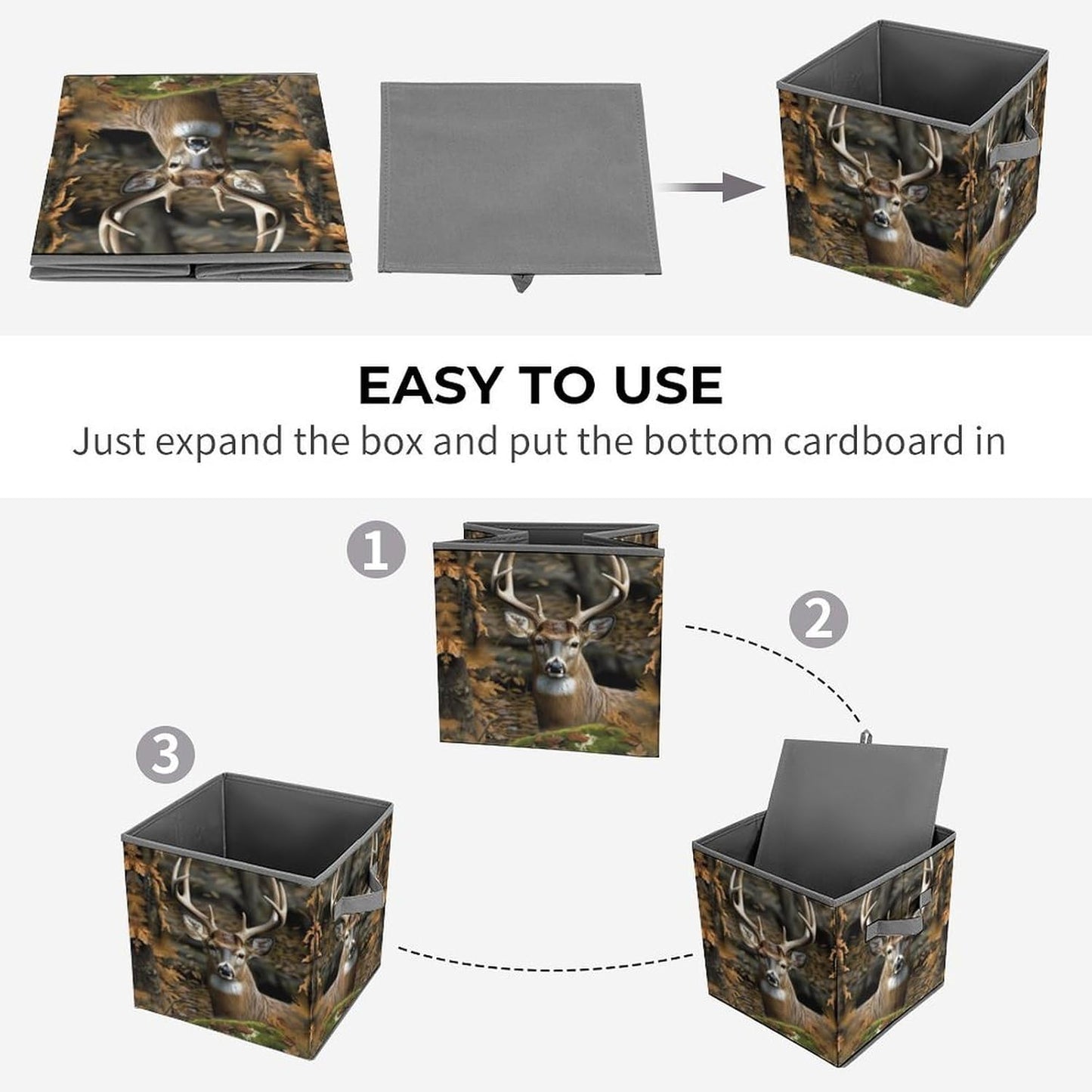 Camouflage Deer Storage Bins with Handles Fashion Large Storage Cubes Sturdy Foldable Storage Boxes Space-Saving Storage Baskets for Home Office Clothes Closet Organizers