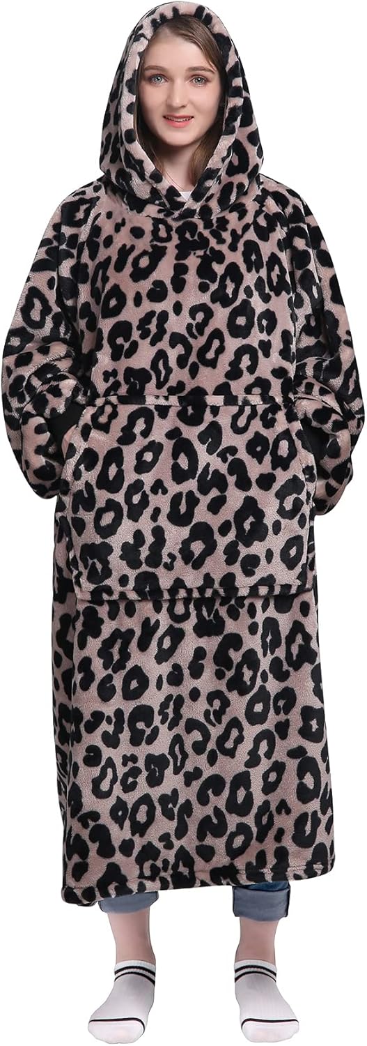 Waitu Wearable Blanket Sweatshirt Gifts for Women and Men, Warm and Cozy Blanket Hoodie, Thick Flannel Hoodie Blanket, Blanket Robe for Adults and Kids - Leopard