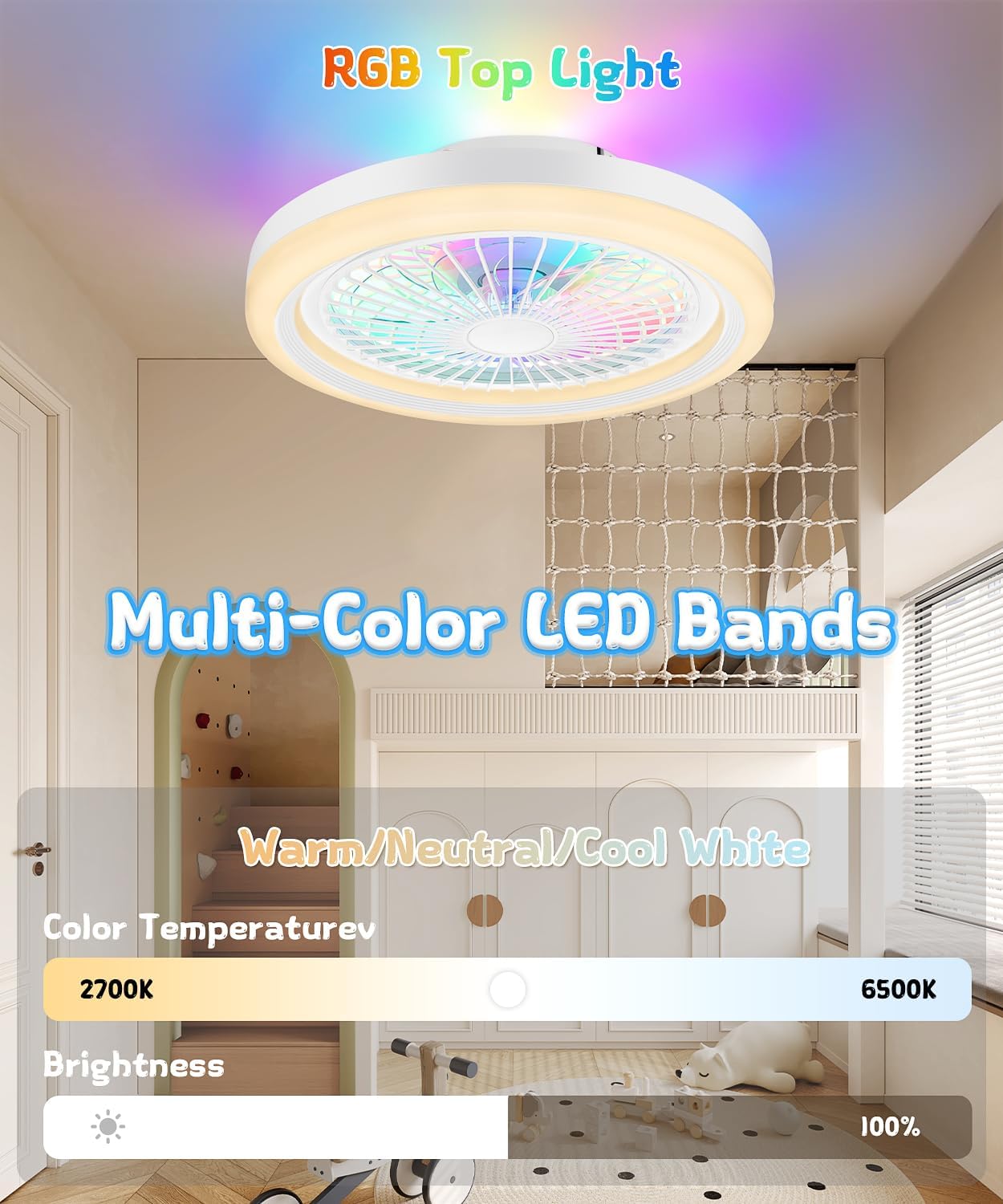 2-in-1 Low Profile Ceiling Fan with Light, 20” Caged Safety Design for Kids - Back RGB Color, Smart APP/Remote Control, Quiet Flush Mount DC Motor, Ideal for Bedroom/Living Room/Kitchen, White
