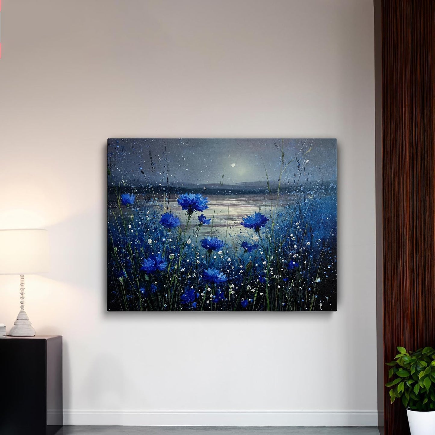 Beautiful Blue Cornflowers Moonlit Lake Landscape Canvas Wall Art - Tranquil Nature Home Decor for Living Room & Bedroom Bathroom - HD Waterproof Stretched Framed Art Print Ready to Hang 12x16 Inches