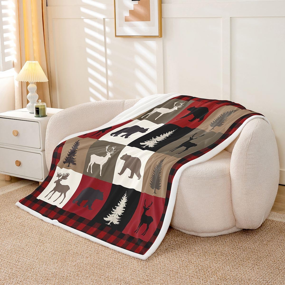 Feelyou Rustic Sherpa Throw Blanket for Couch Cabin Lodge Bear Deer Super Soft Cozy Fleece Western Country Blanket Plush Throw Farmhouse Moose Baby 30"x40" Red Brown Buffalo Check All Season