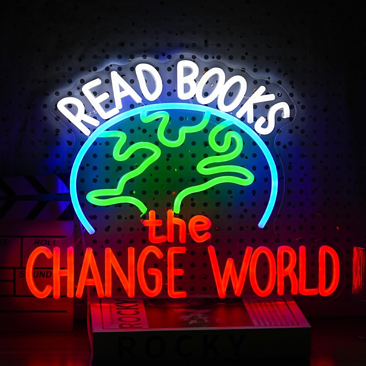Read Books Change The World Neon Sign World LED Neon Light Powered by USB Dimmable Read Books Light Up Sign for School Classroom Bookstore Library Museum Study Room Wall Decor(16.5 * 12.6In)