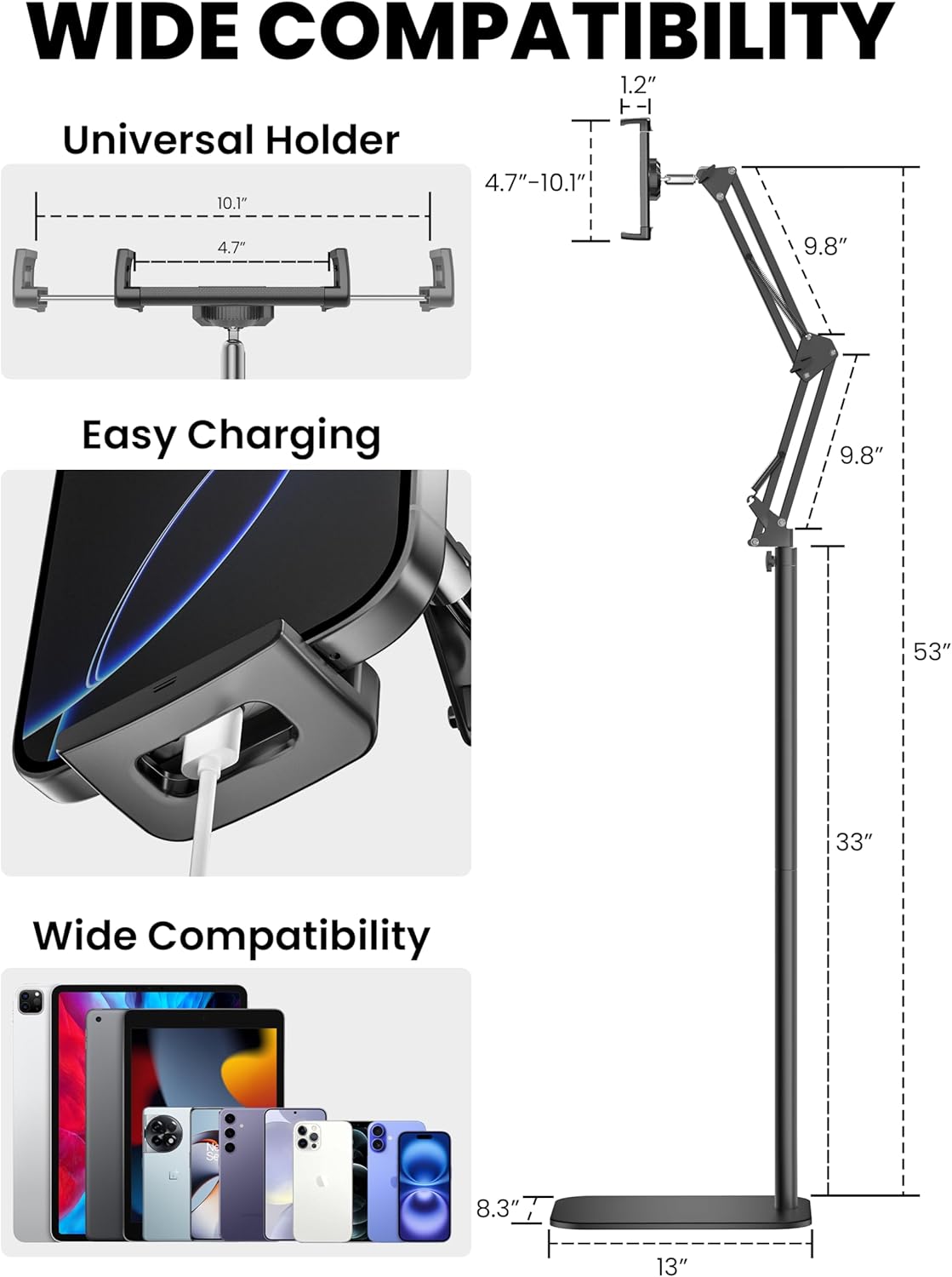 Tablet Floor Stand, 360-Degree Rotatable Metal Tablet Holder Stand, Adjustable Height and Angle iPad Stand,Universal Tablet Holder for iPad/Phone/Kindle/Tabs/E-Readers and all 4.7~12.9” Screen Devices