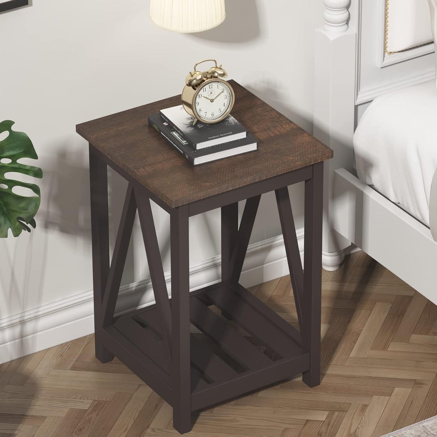 ChooChoo Farmhouse End Table, Rustic Vintage End Side Table with Storage Shelf for Small Spaces, Nightstand Sofa Table for Living Room, Bedroom Espresso 2 Pack