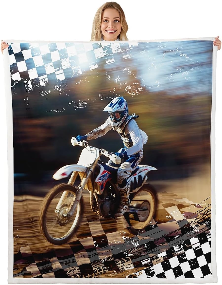 Feelyou Dirt Bike Sherpa Blanket for Bed Sofa Couch Kids Boys Girls Twin 60"x80" Motorcycle Racer Fleece Throw Blanket Ultra Soft Extreme Sports Plush Blanket Motocross Rider Fuzzy Blanket Motorbike