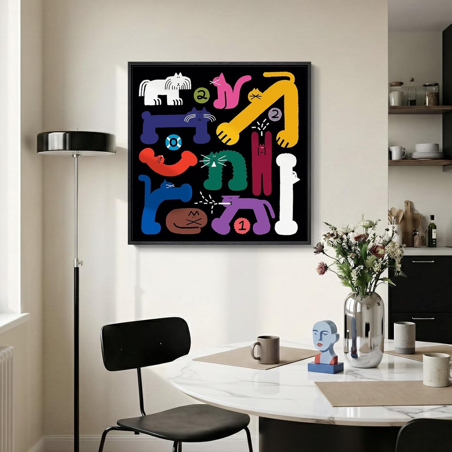 Framed Colorful Funny Cat Wall Art for Kids Room, Abstract Eclectic Cute Cartoon Prints Painting, Large Playful Animal Picture Wall Decor for Living Room Bedroom Nursery 24x24 Inch