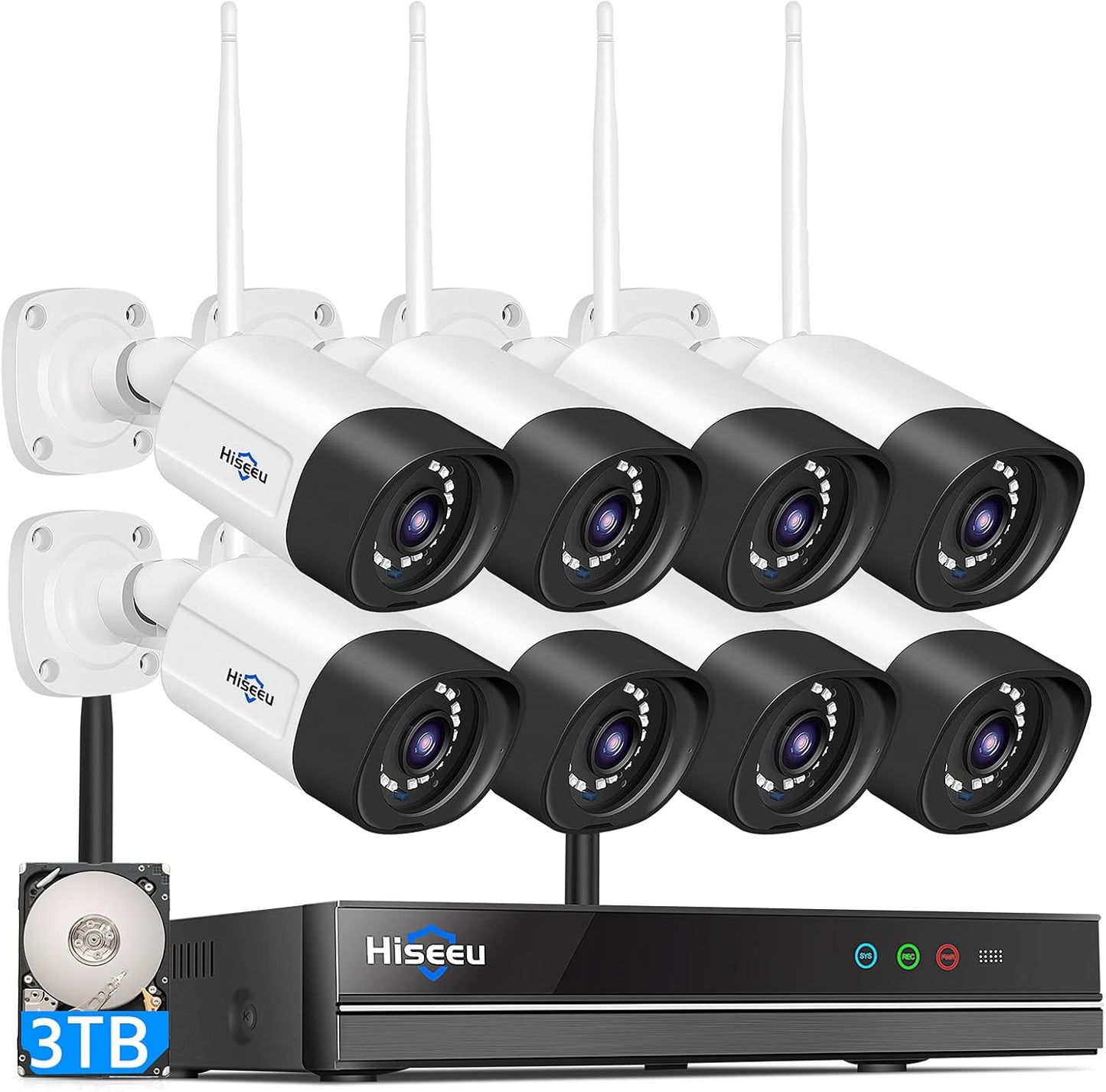 Hiseeu Wireless Security Camera System Outdoor, 3MP WiFi Camera for Home, 16CH WiFi-Pro 8 Cam-Kit, 2-Way Audio, Color Night Vision, IP66 Waterproof, 3TB Storage, 24/7 Recording, No Monthly Fees