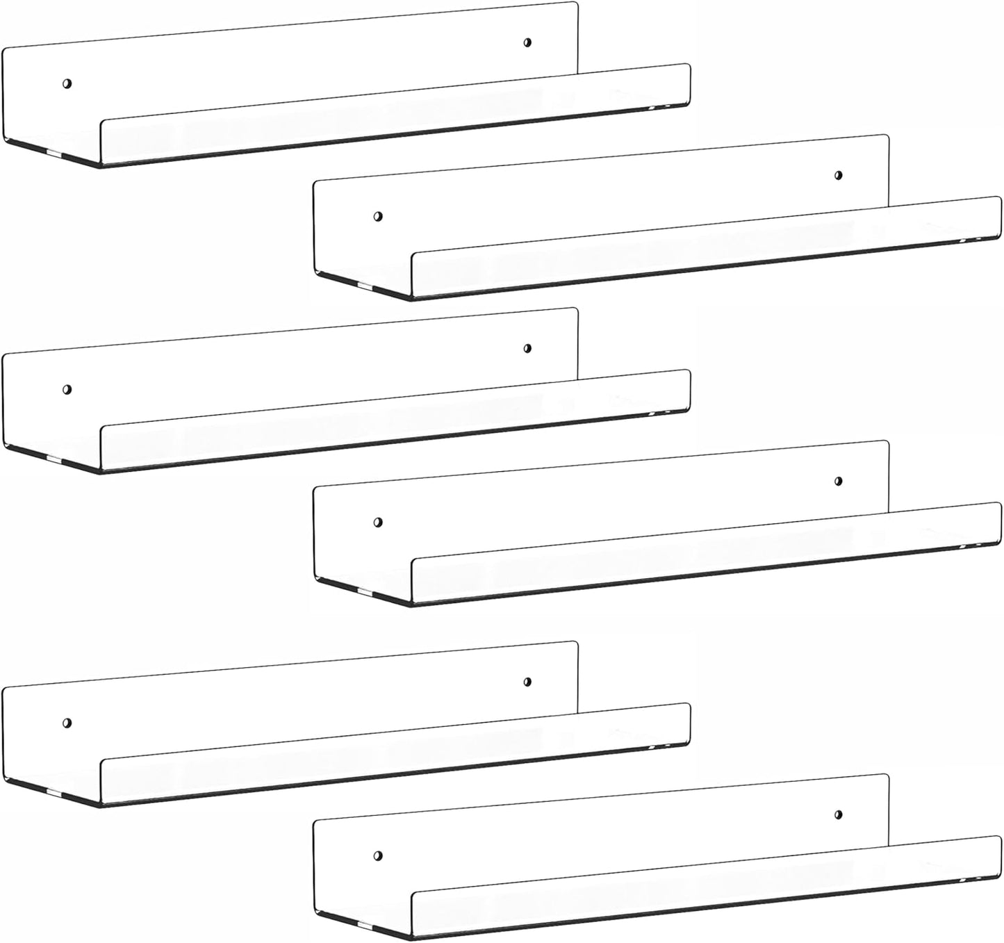 6 Pack Clear Acrylic Shelves for Wall with Adhesive,15 Inch No Drill Floating Shelves for Bathroom,Bedroom,Renter Friendly,Kids Room Bookshelf,Wall Display Shelf for Lego,Funko Pop,Figurine,Perfume