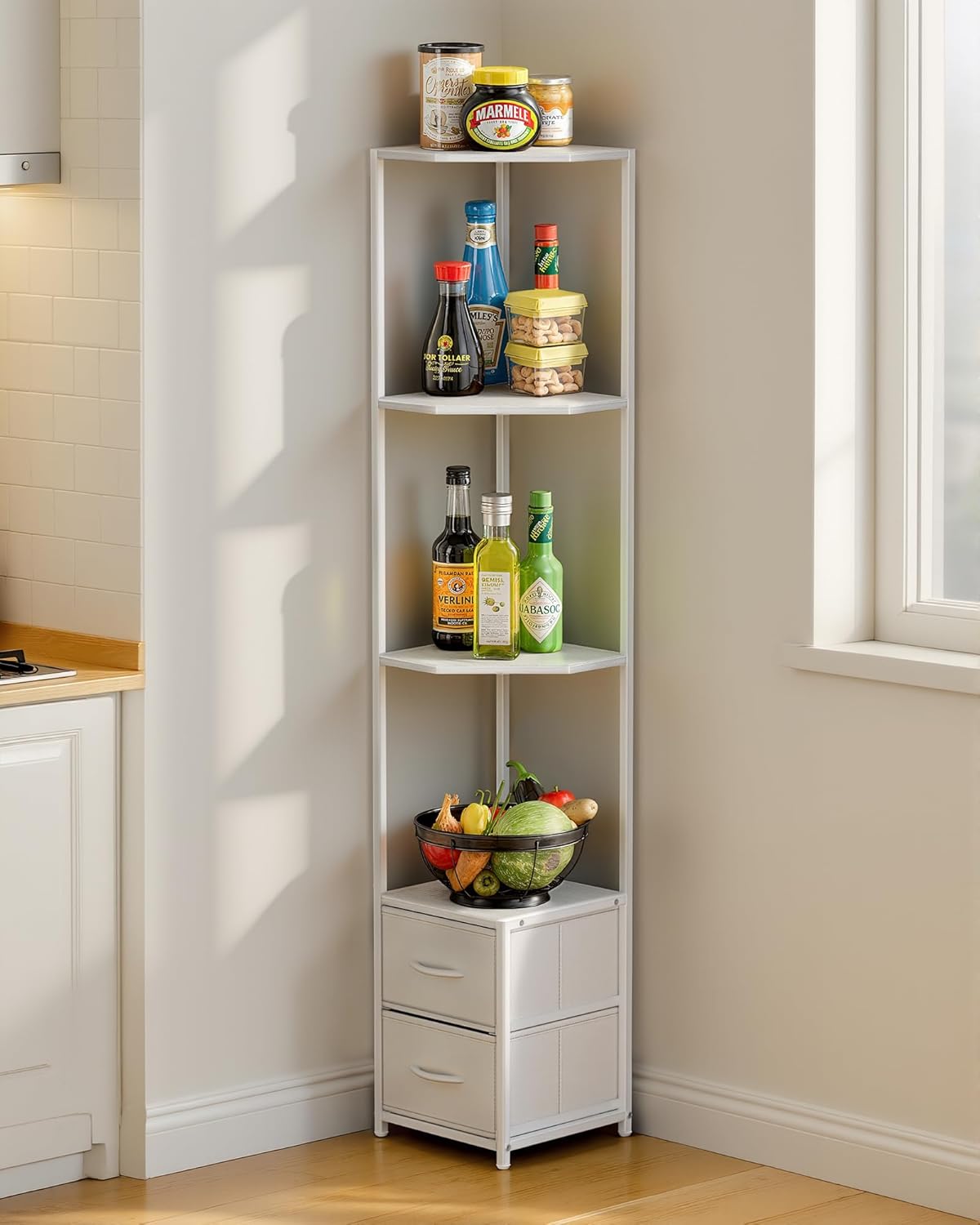 Housolution Corner Shelf Stand with Storage, 63.4'' Tall 6-Tier Corner Bookshelf Includes Fabric Drawers, Freestanding Corners Storage Shelf for Living Room Bedroom Kitchen Bathroom (White)