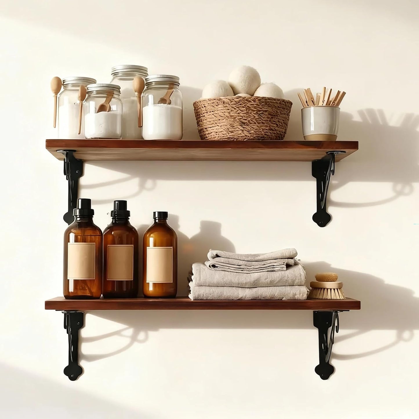 Solid Wood Floating Shelves for Wall with Metal Brackets,2 Tier 24 inch Pinewood Wall Shelf,Suitable for Multiple Places Such As Bedrooms,Kitchens,and Living Rooms(Walnut Finish)