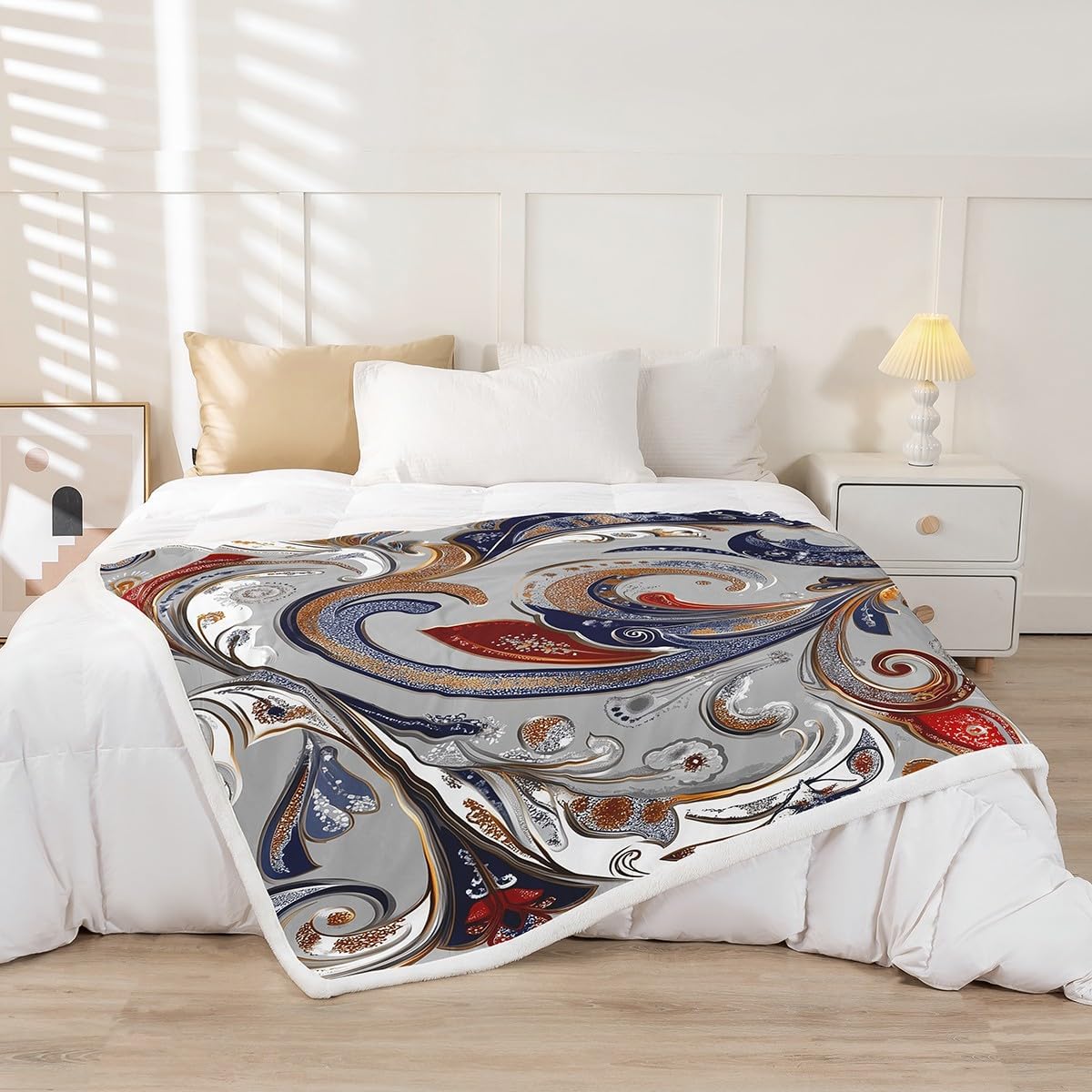 Feelyou Boho Paisley Print Fleece Throw Blanket Bohemian Style Sherpa Blanket for Sofa Couch Indian Design Plush Exotic Floral Warm Fuzzy Room Decor Twin 60"x80"