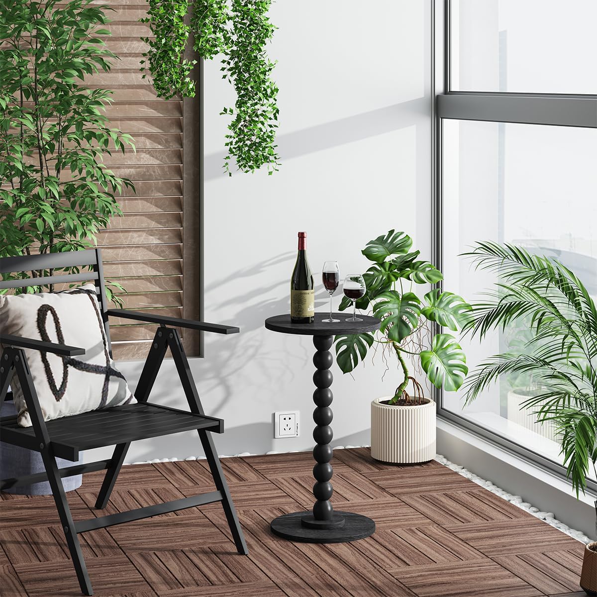Round Side Table, Small Drink Table for Small Spaces, Pedestal End Table for Living Room, Modern Accent Nightstand with Solid Wood Leg for Bedroom, Corners and Office Black Color UTBT005B