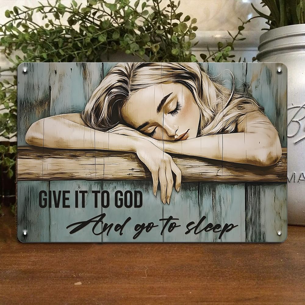 Seeyoo Metal Tin Sign Wall Art - 'Give It to God and Go to Sleep' - Vintage Rustic Metal Sign 7.8 x 11.8 Inch, Christian Home Decor for Bedroom, Living Room, or Gift for Faith Lovers
