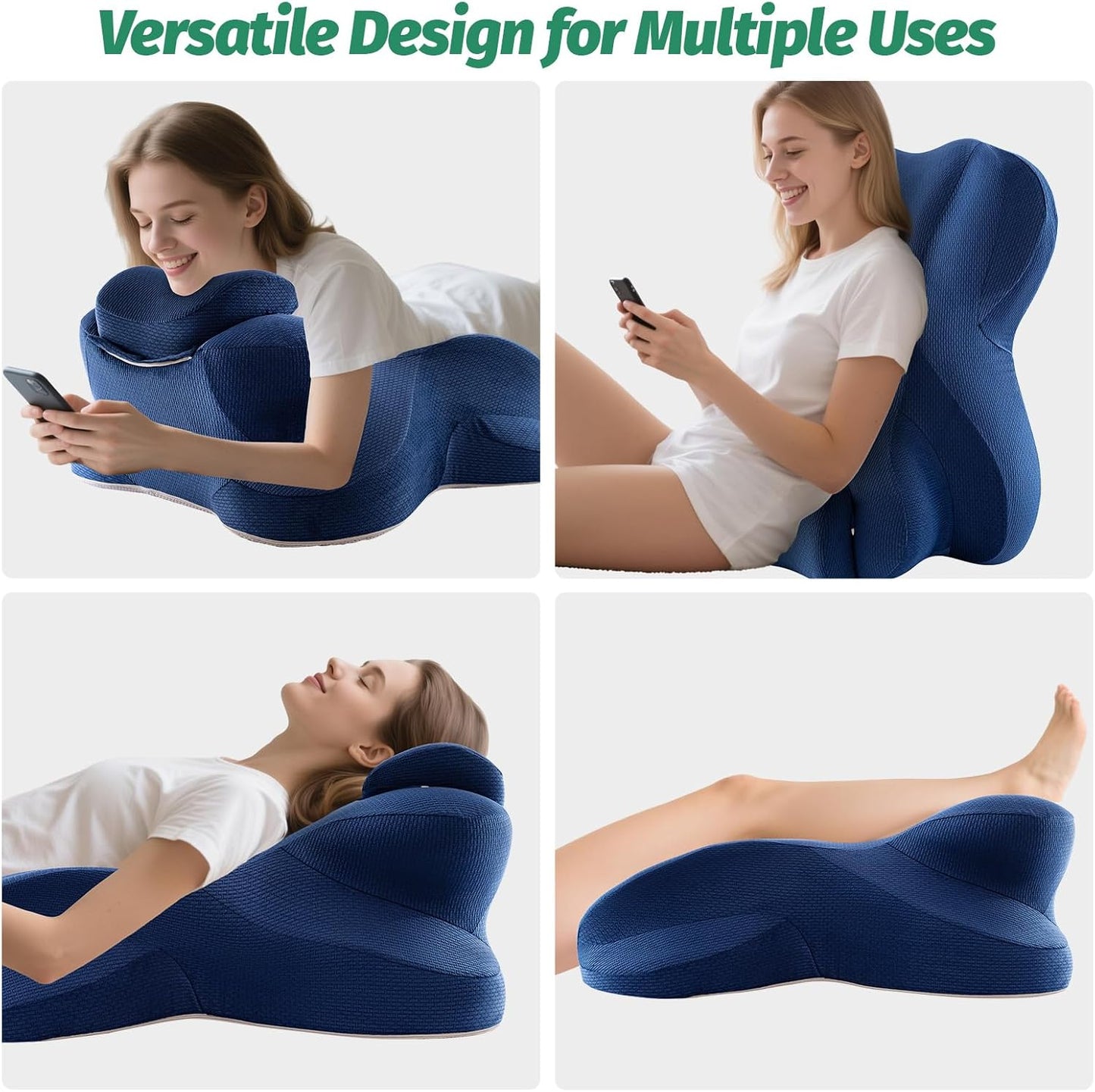 King Size Wedge Pillow for Firm Support, Ergonomic Memory Foam Prone Pillow for Reading & Stomach Sleeping, Back/Leg Relief with Removable Head Rest, Washable Cover