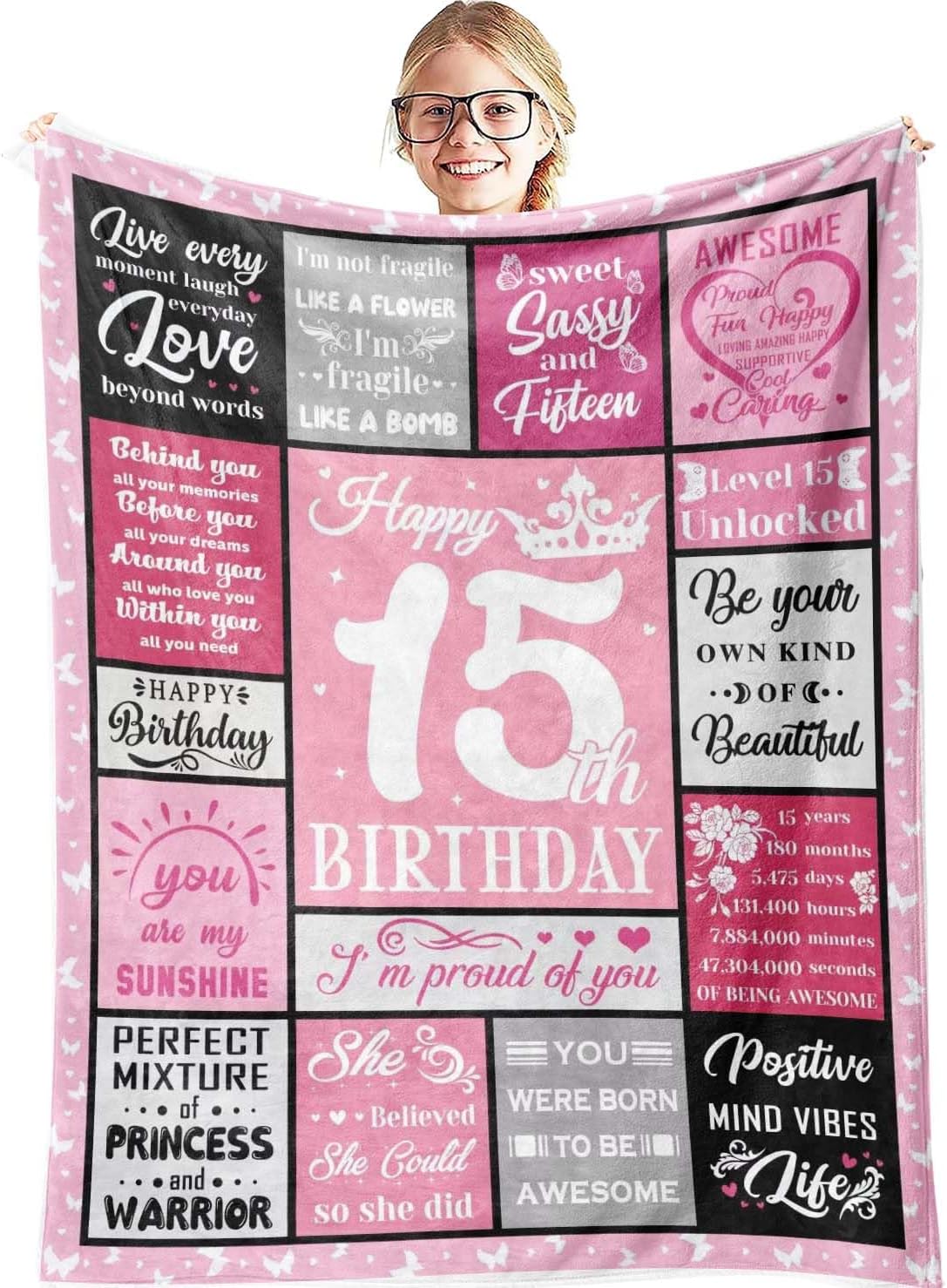15 Year Old Girl Gifts, Gifts for 15 Year Old Girl,15th Birthday Gift for Girls,15th Birthday Decorations for Girls Blanket 60x50in