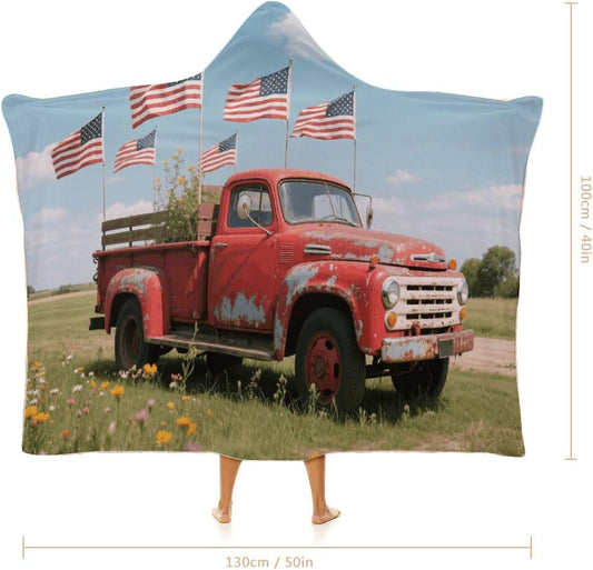 4th Of July Patriotic Old Red Truck Wearable Hoodie Blanket for Women Men Fleece Blanket with Hood Oversized Warm Cozy Gifts