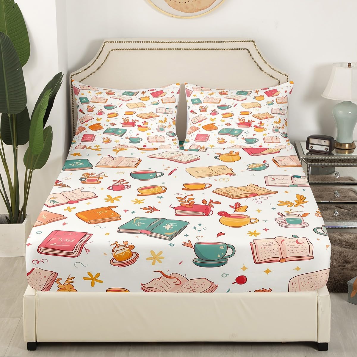 Erosebridal Cartoon Books Bed Sheets Set Coffee Botanical Maple Leaf Sheet Set Twin Autumn Reading Themed Sheets for Kids Boys Girls Teens Bedroom Decor