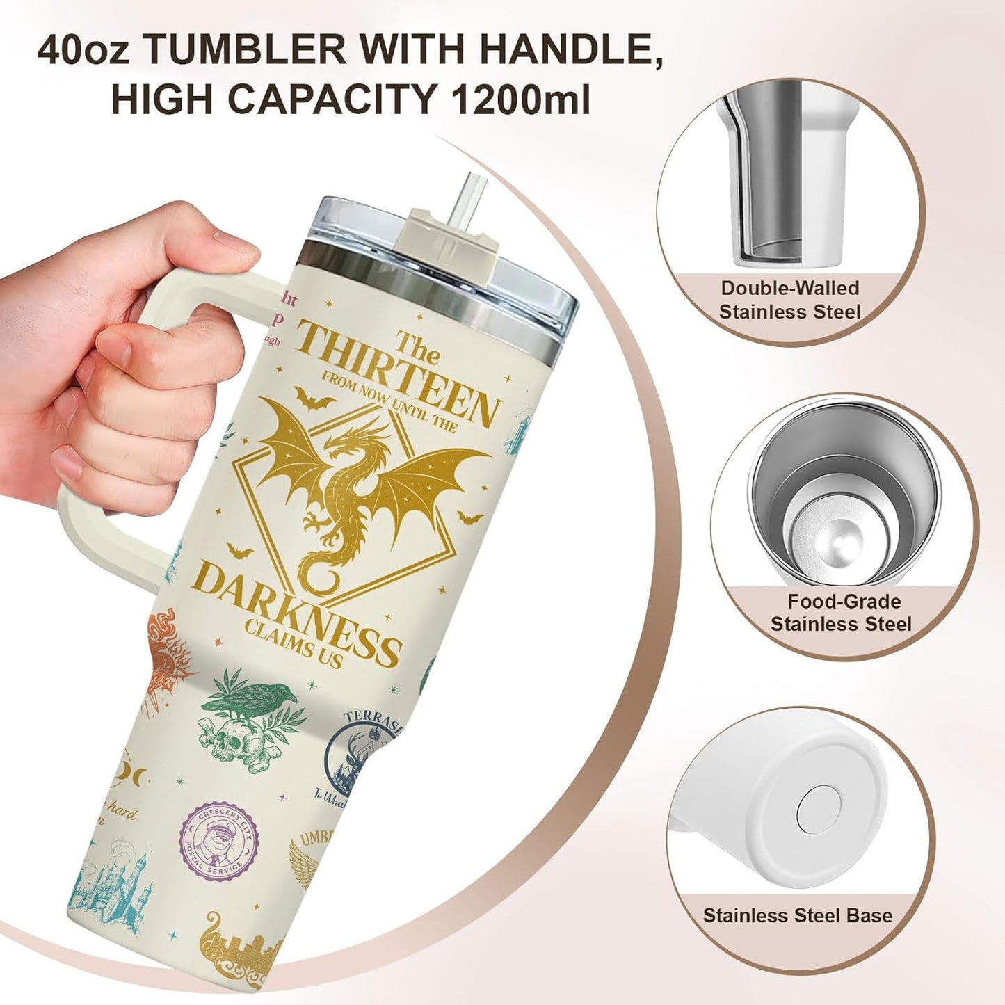 Fantasy Bookish Tumbler - 40oz Insulated Stainless Steel Mug with Handle - Dragon and Sword Throne Aesthetic - You Do Not Yield Quote - Gift for Epic Fantasy Readers, Book Lovers
