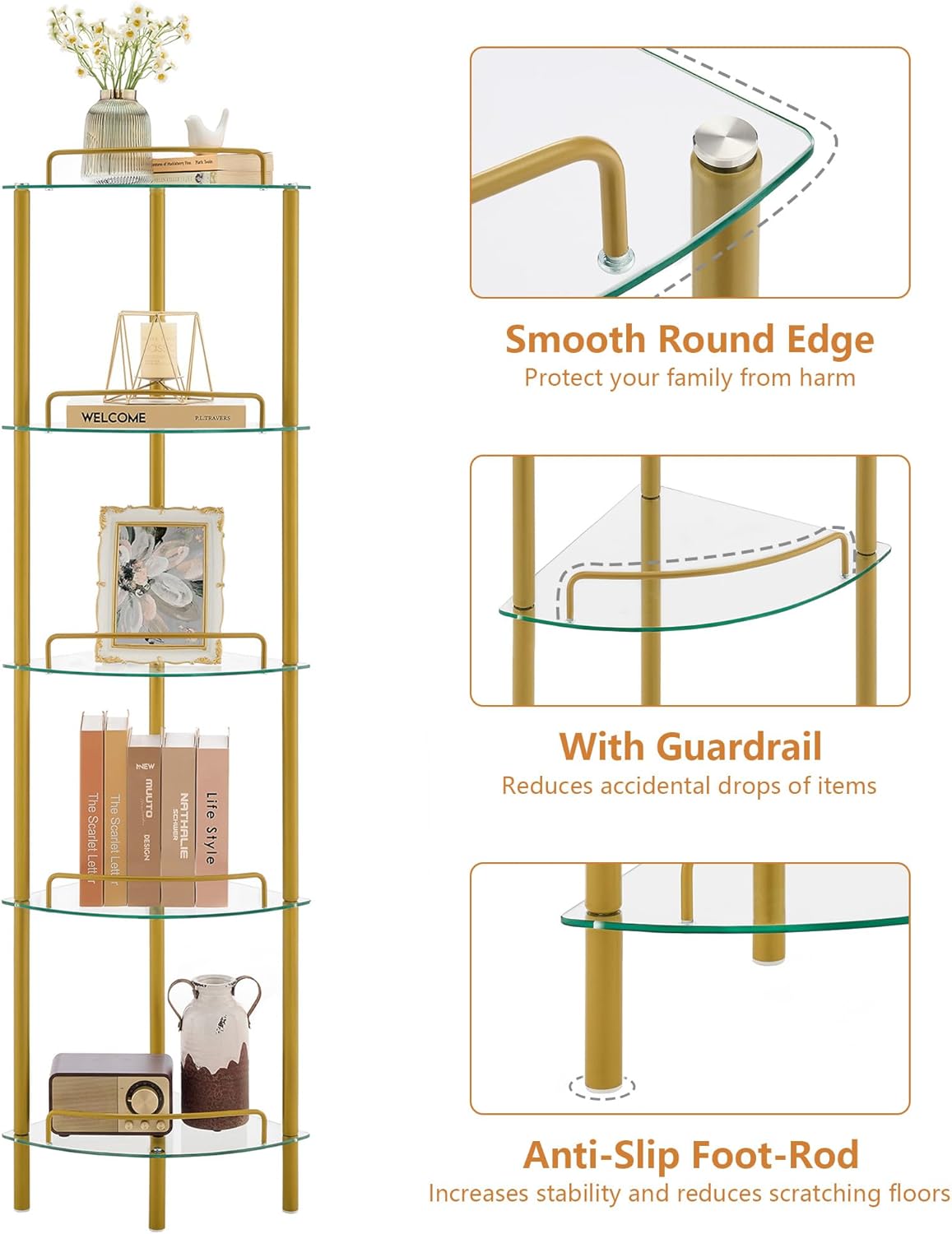 FAVOOSTY 5-Tier Corner Shelf Stand, Gold Corner Bookshelf, Bathroom Organizer, Plant Stand, Tempered Glass Shelves, Modern Style for Living Room, Bedroom, Kitchen, Home Office, Metallic Gold