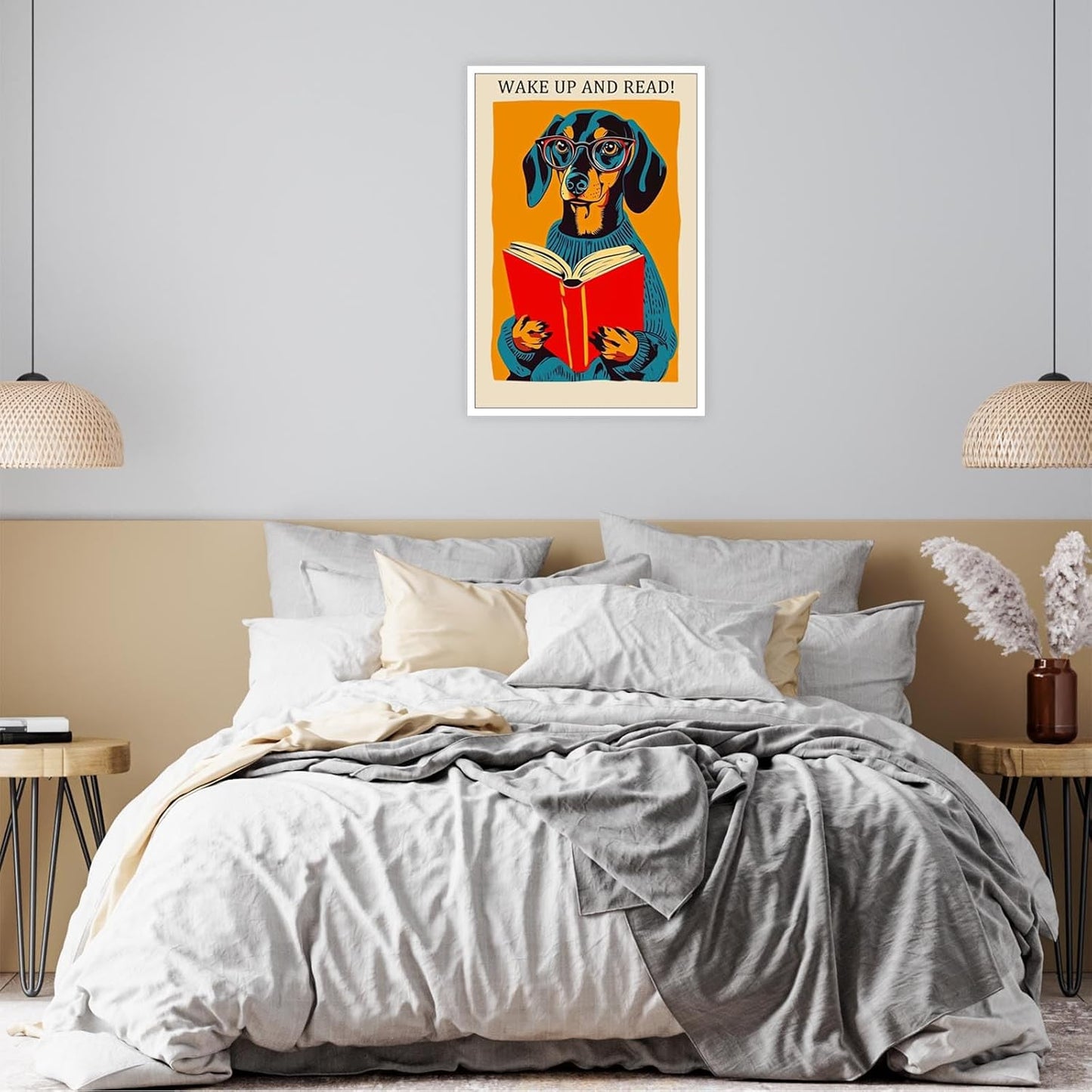 Wake Up And Read Posters Funny Beagle Wearing Reading Glasses Reading Book Canvas Wall Art National Library Week 1960 Aesthetic Prints Painting For Home Bedroom Dorm Wall Decor 12x16in Unframed