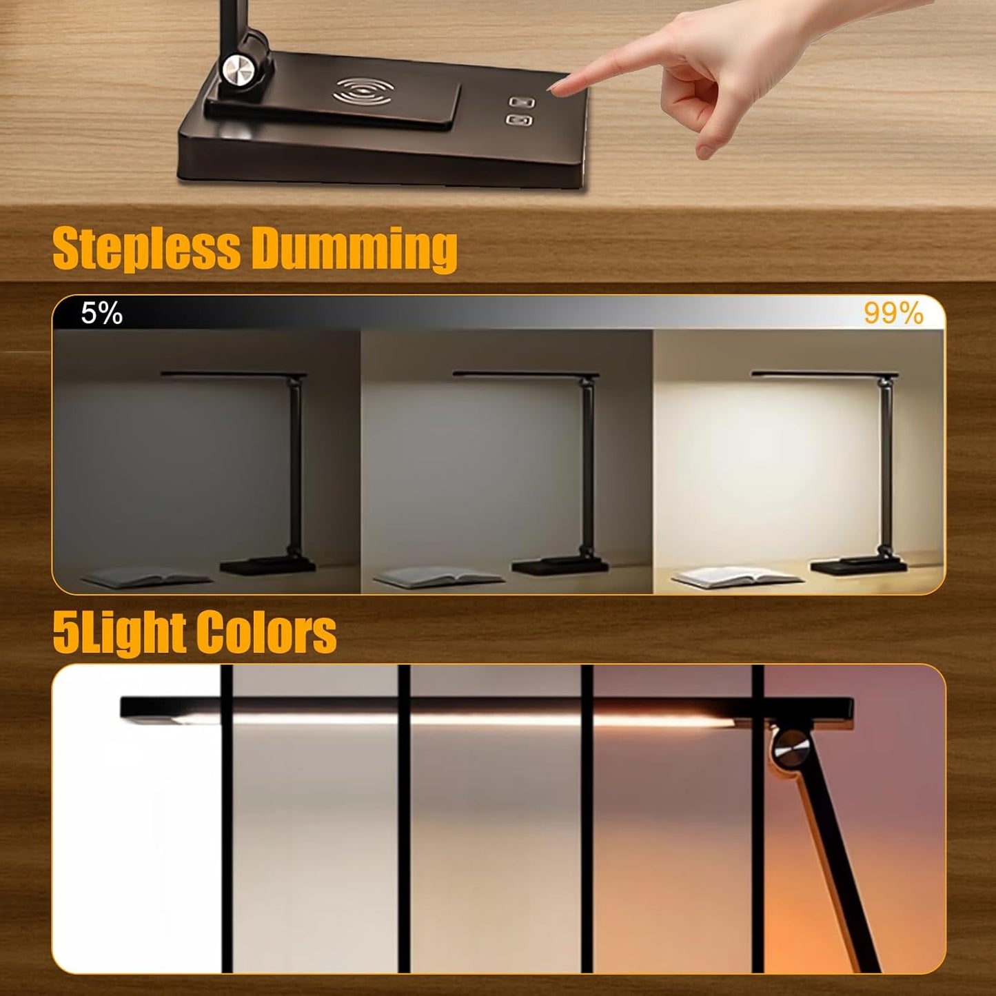 LED Desk Lamp, Dimmable Table Lamp with 5 Color Temperatures & Touch Control, Foldable Reading Light for Home Office, Study, and Nightstand